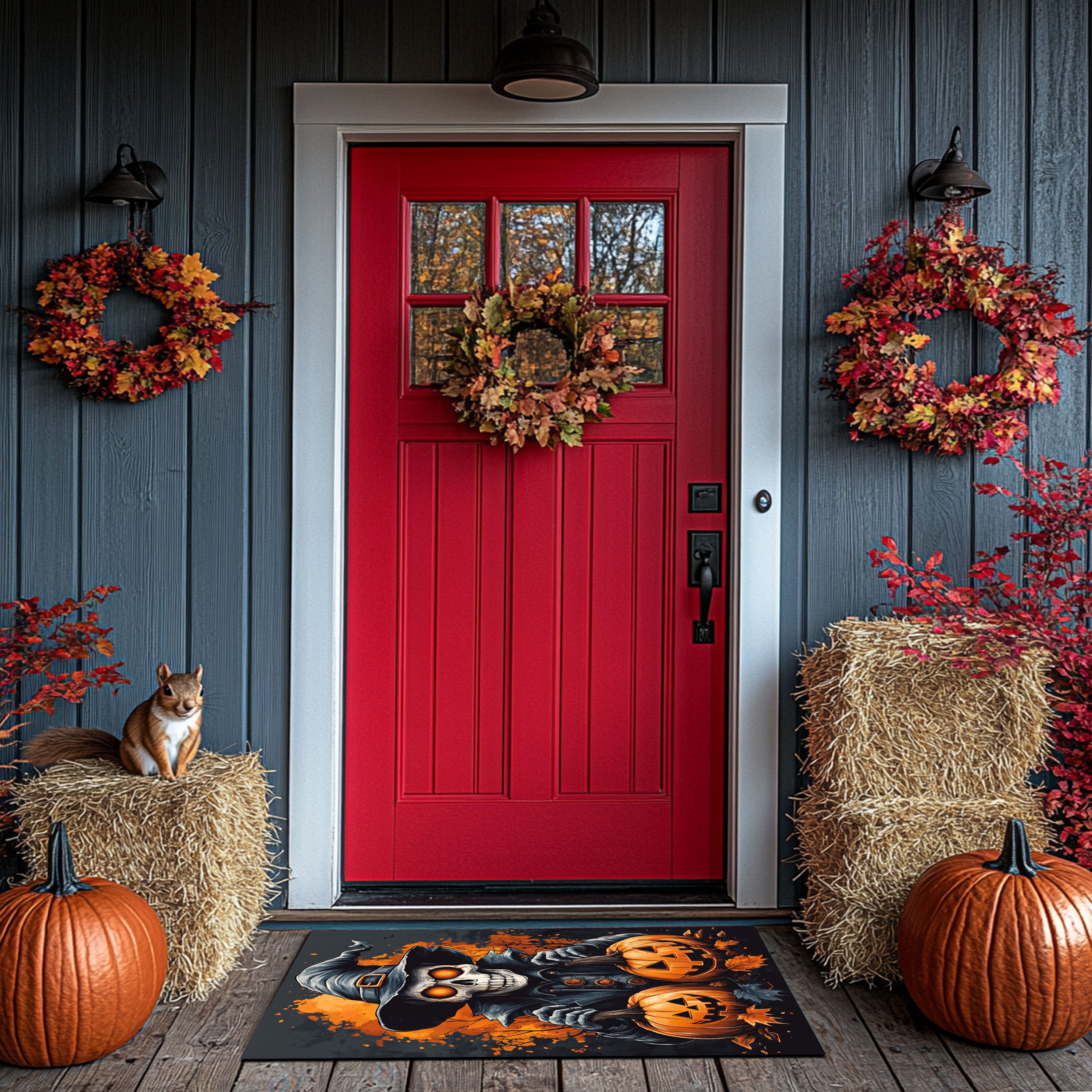 Creepy Skeleton Witch and Jack-O'-Lanterns Welcome Doormat