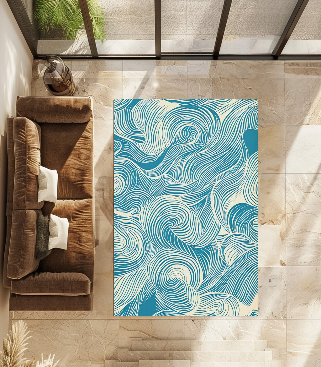 Blue And White Waves Non-Slip Rug