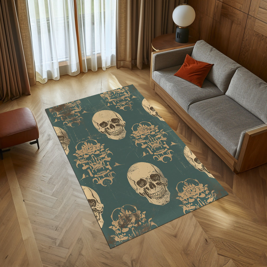 Gold Skull On Petrol Non-Slip Rug
