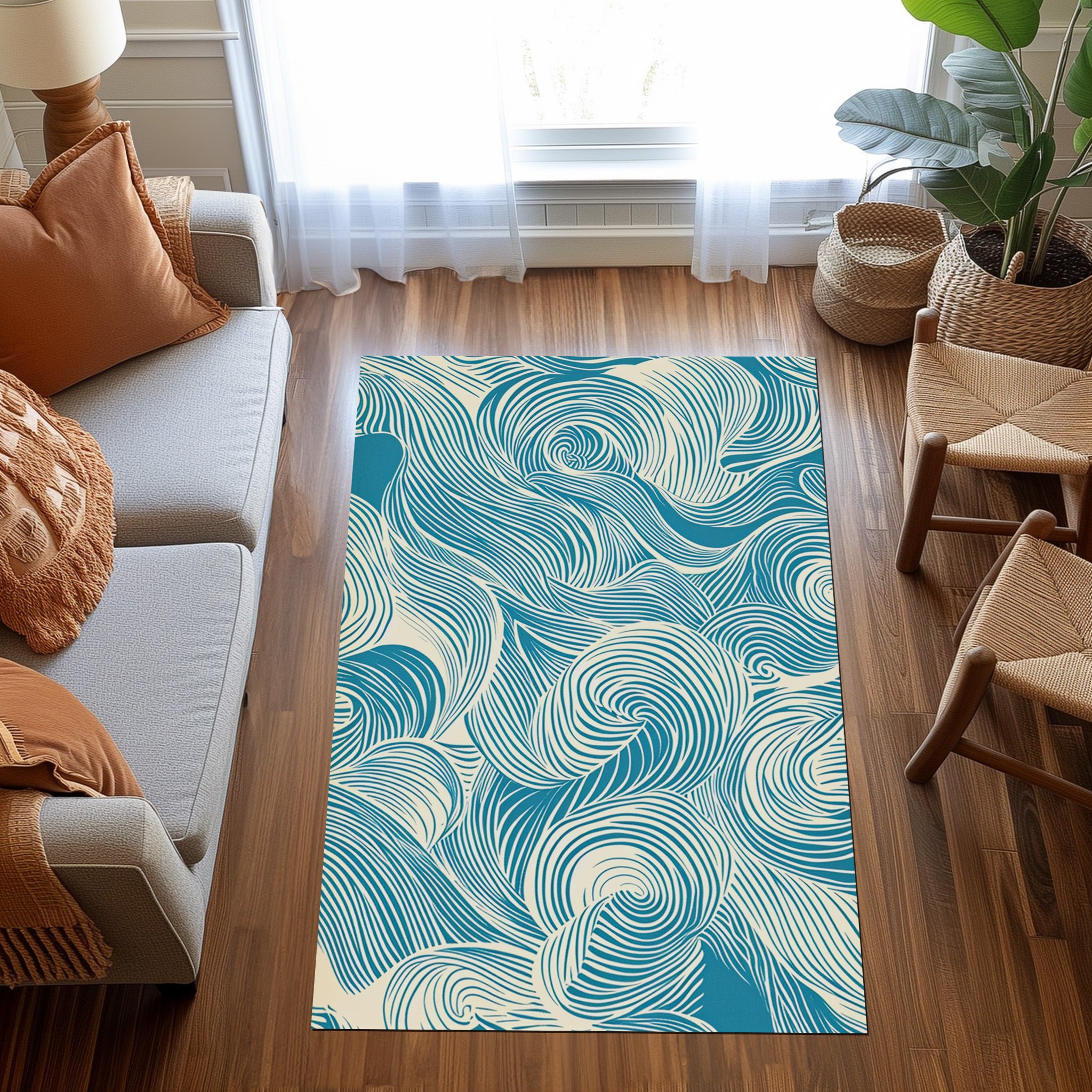 Blue And White Waves Non-Slip Rug