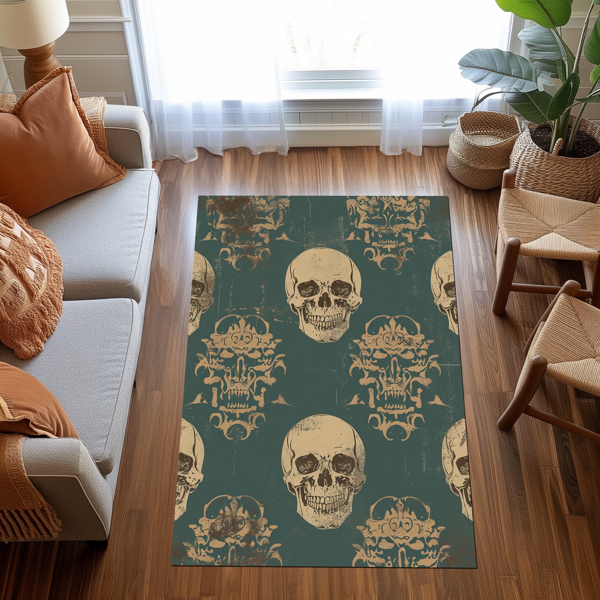 Gold Skull On Petrol Non-Slip Rug