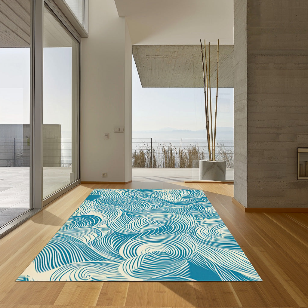 Blue And White Waves Non-Slip Rug