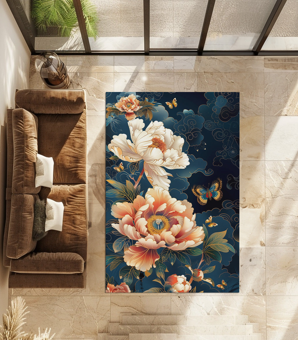 Exotic Peonies Suzhou Embroidery Chinese Non-Slip Rug