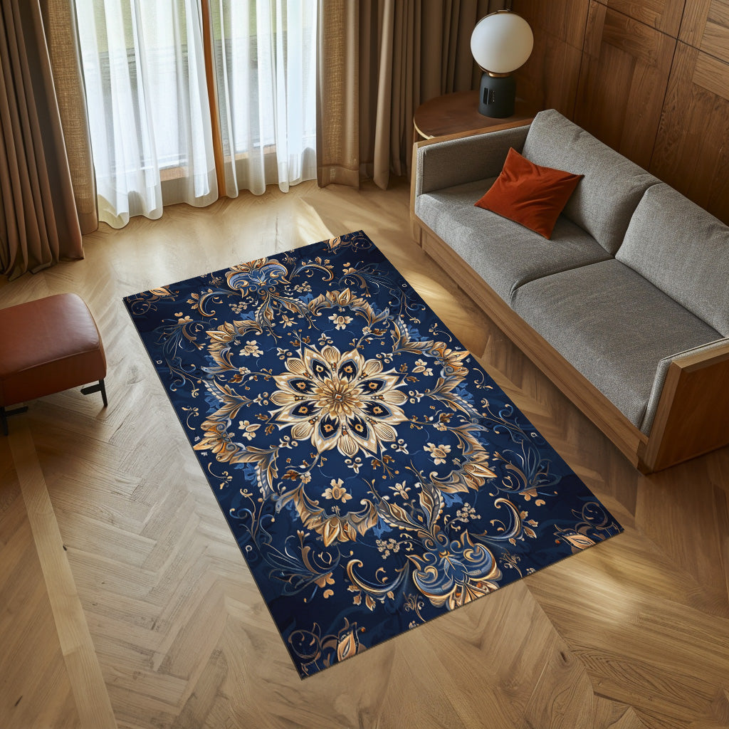Dark Blue Oriental Non-Slip Rug