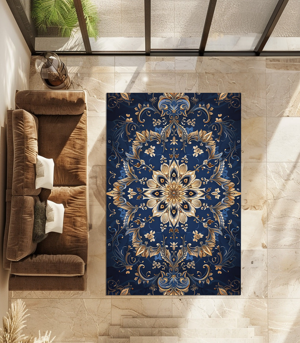 Dark Blue Oriental Non-Slip Rug