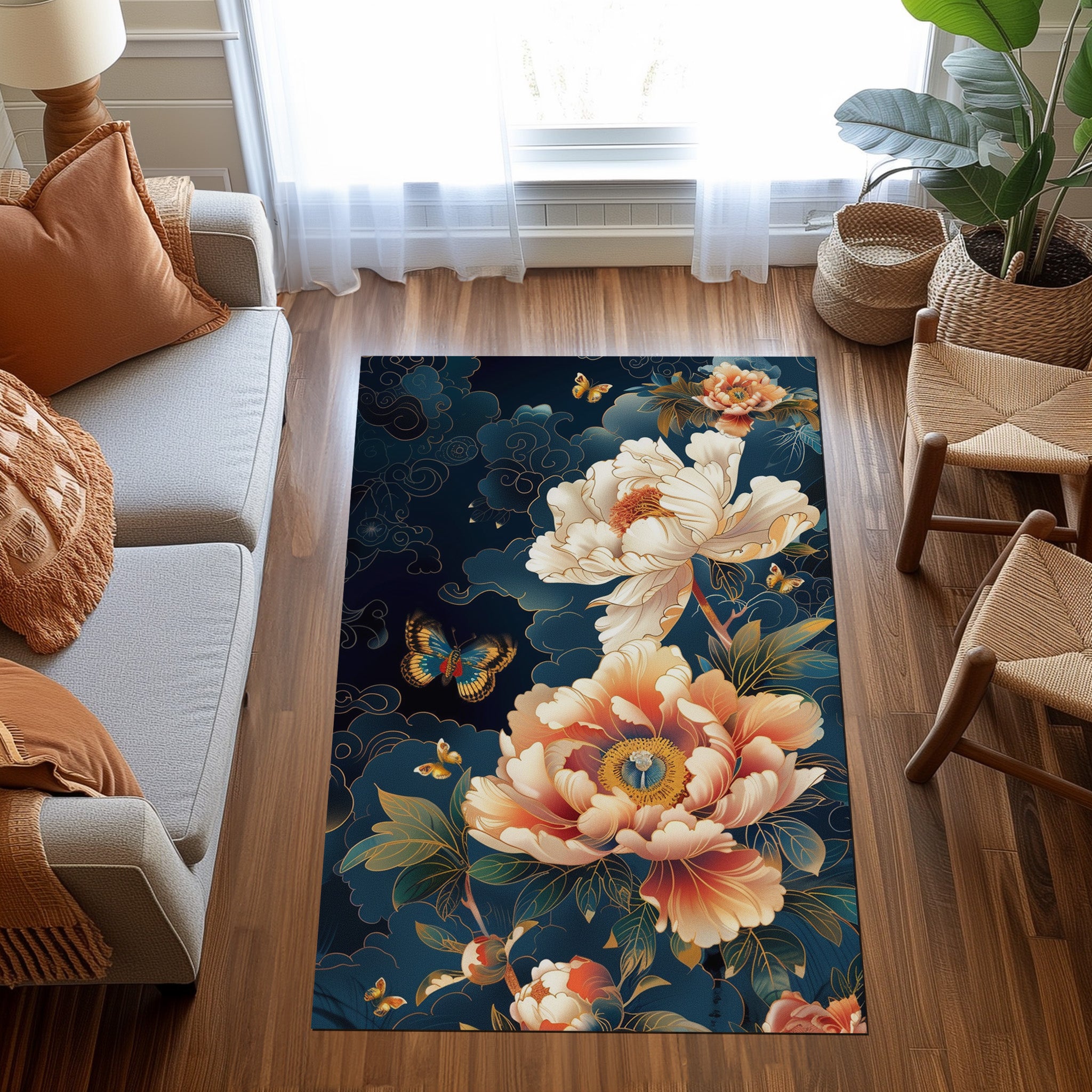 Exotic Peonies Suzhou Embroidery Chinese Non-Slip Rug
