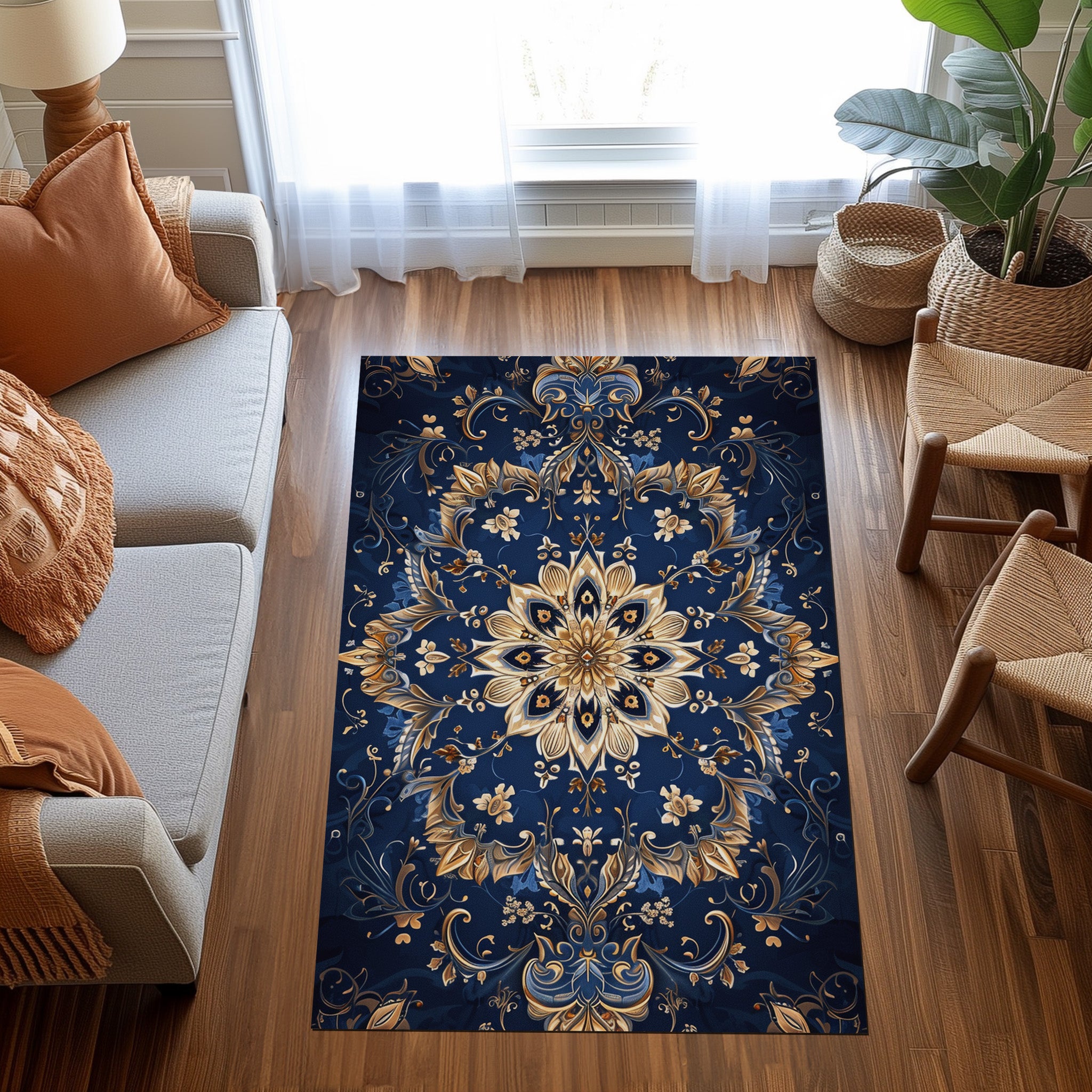 Dark Blue Oriental Non-Slip Rug