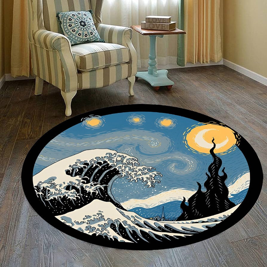 Just Rugging Rounded Rug Van Gogh Starry NightNon-Slip Rug Washable Mat Child Stain Resistant Living Room Kitchen Carpet