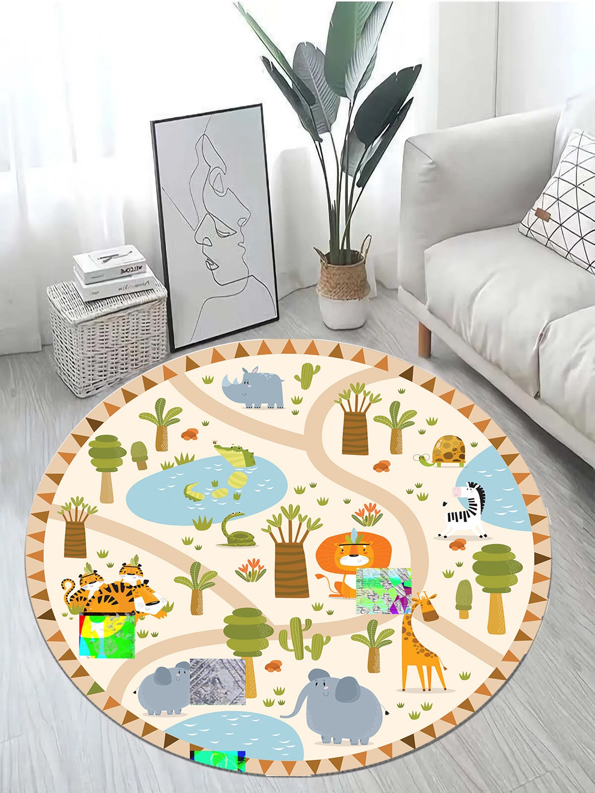 Just Rugging Rounded Rug Mosaic Circle RugNon-Slip Rug Washable Mat Child Stain Resistant Living Room Kitchen Carpet