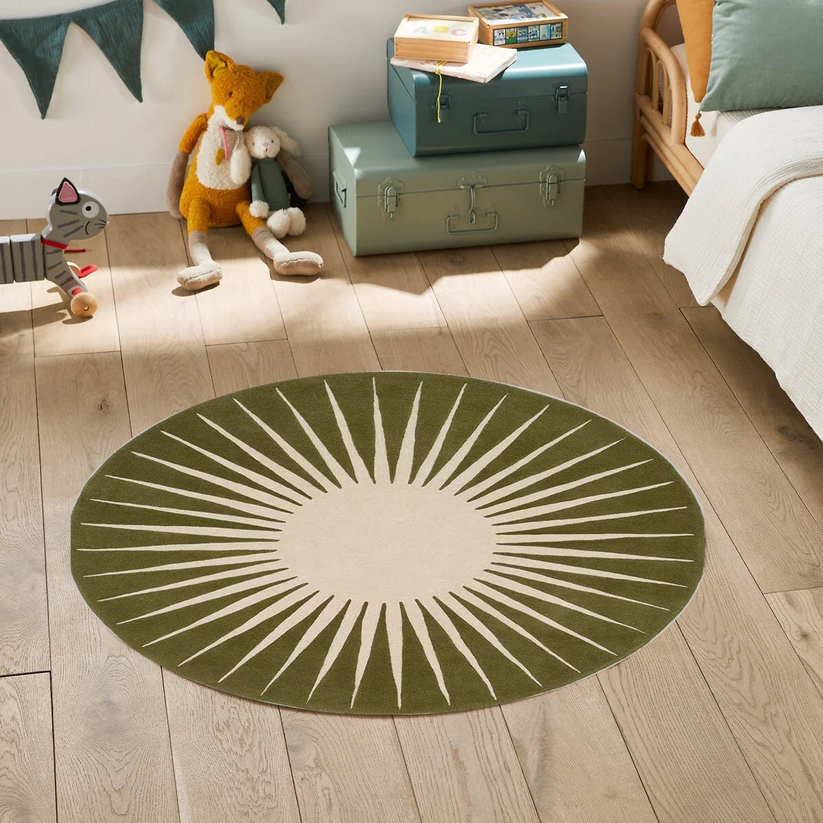 Just Rugging Rounded Rug Handmade Vaserely Moss Non-Slip Rug Washable Mat Child Stain Resistant Living Room Kitchen Carpet