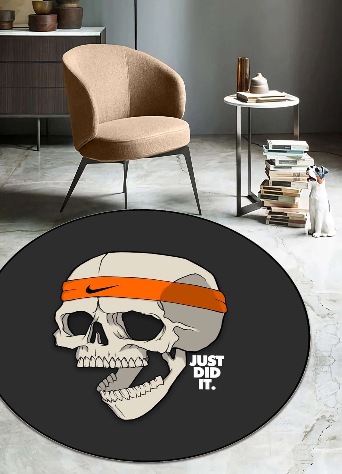 Just Rugging Rounded Rug Skull Art Round RugNon-Slip Rug Washable Mat Child Stain Resistant Living Room Kitchen Carpet