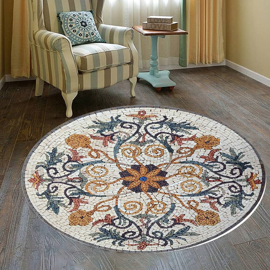 Just Rugging Rounded Rug Mosaic Circle RugNon-Slip Rug Washable Mat Child Stain Resistant Living Room Kitchen Carpet