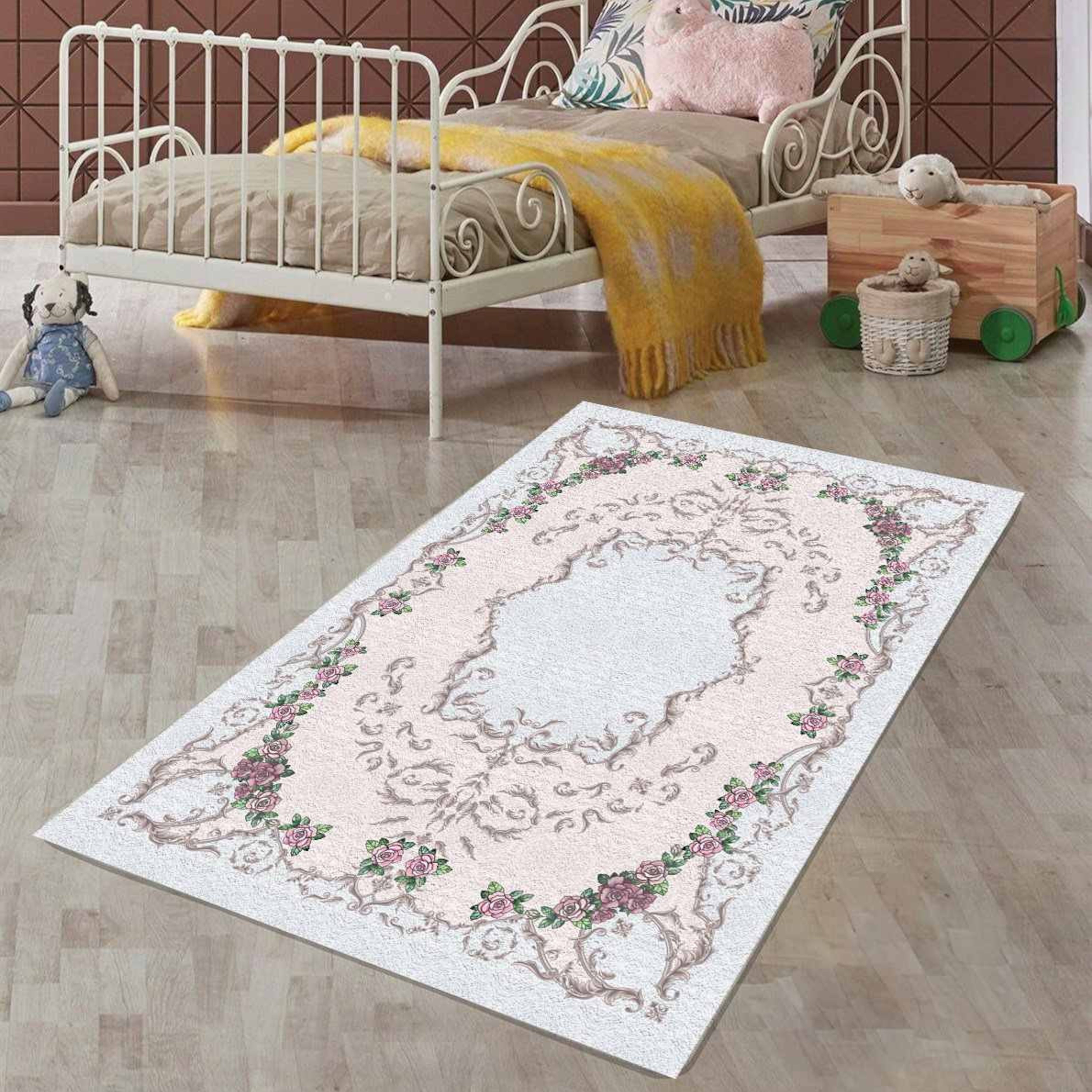 Just Rugging Non-Slip Rug Turkish Flower Design Rug: Aesthetic Bohemian Washable Mat Child Stain Resistant Living Room Kitchen Carpet
