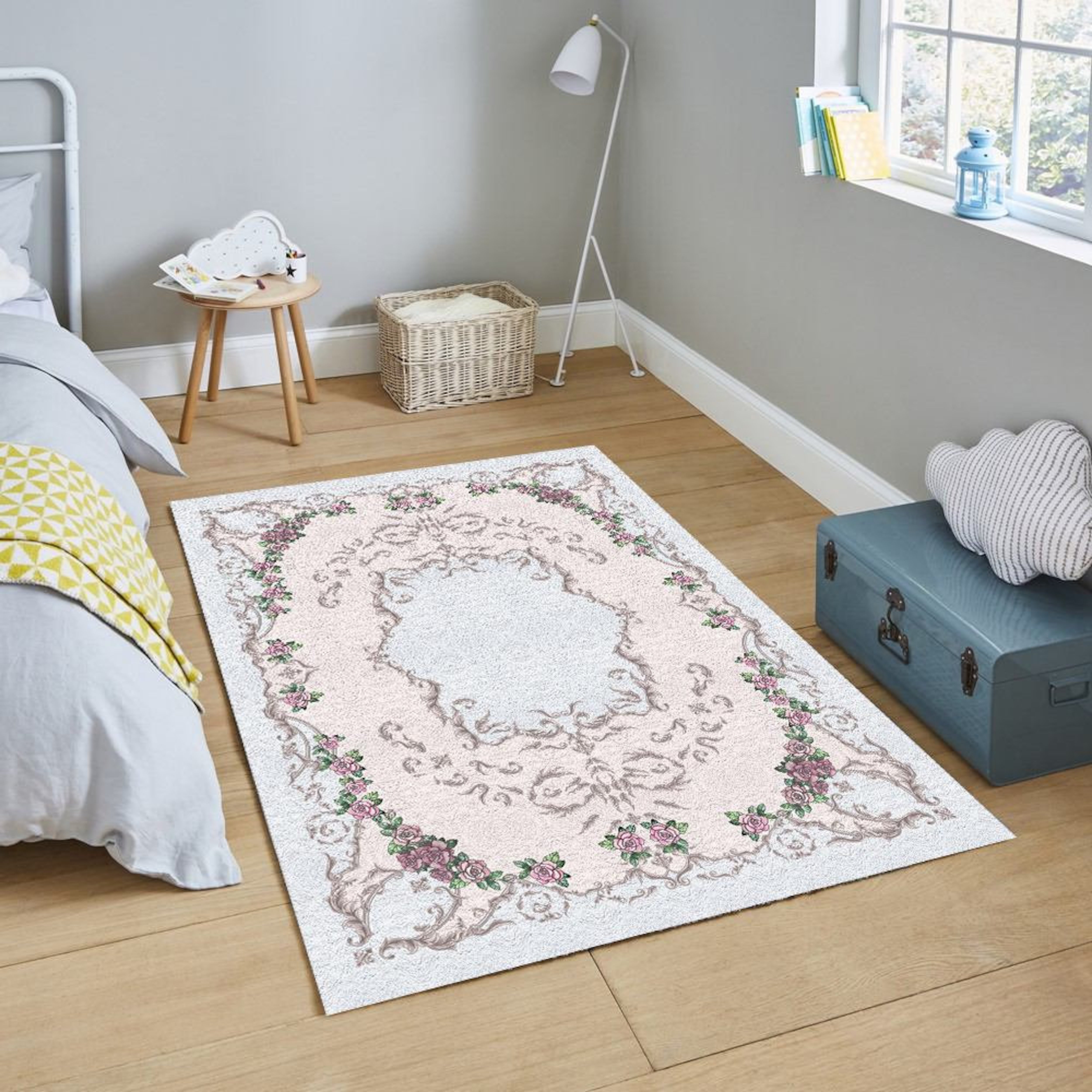 Just Rugging Non-Slip Rug Turkish Flower Design Rug: Aesthetic Bohemian Washable Mat Child Stain Resistant Living Room Kitchen Carpet
