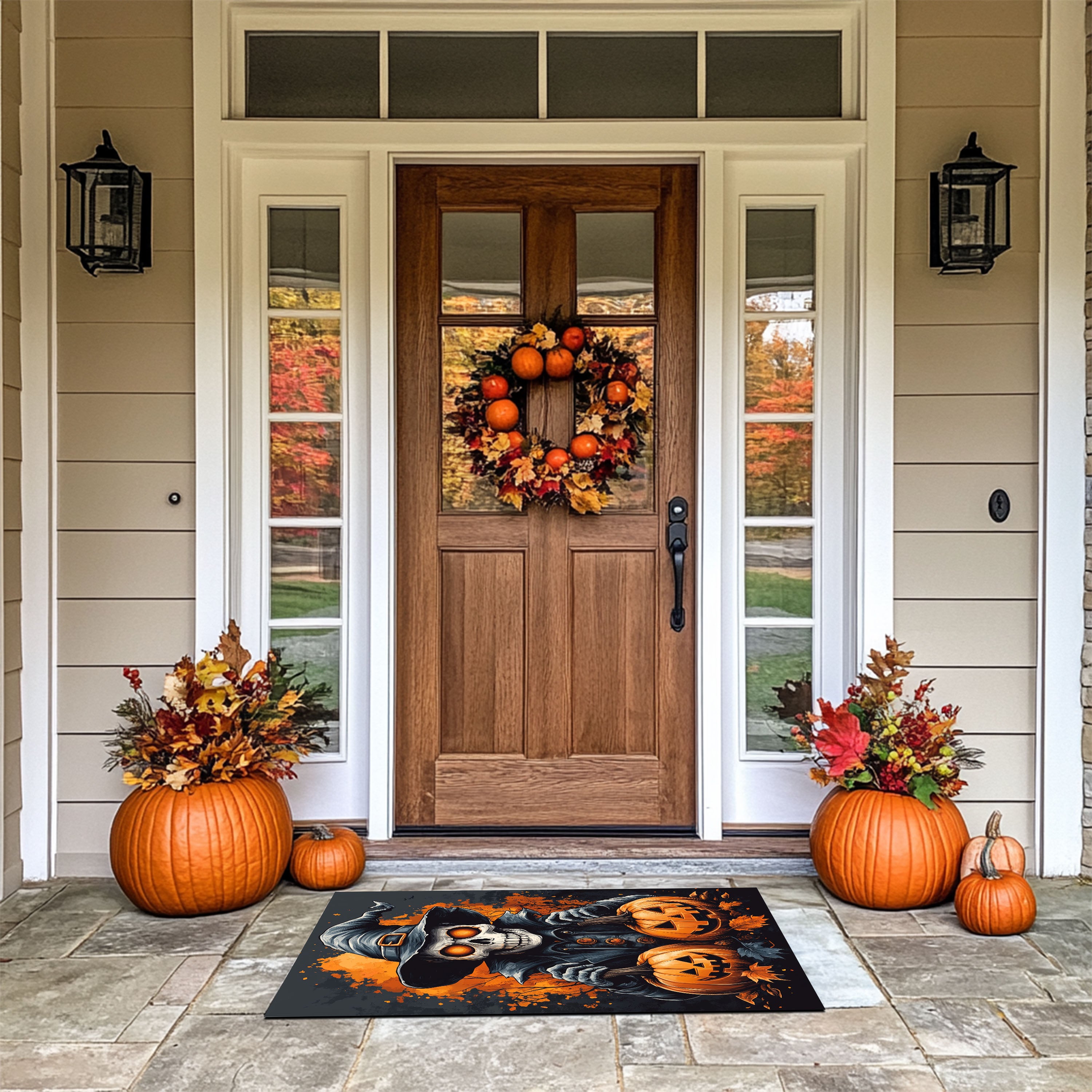 Creepy Skeleton Witch and Jack-O'-Lanterns Welcome Doormat