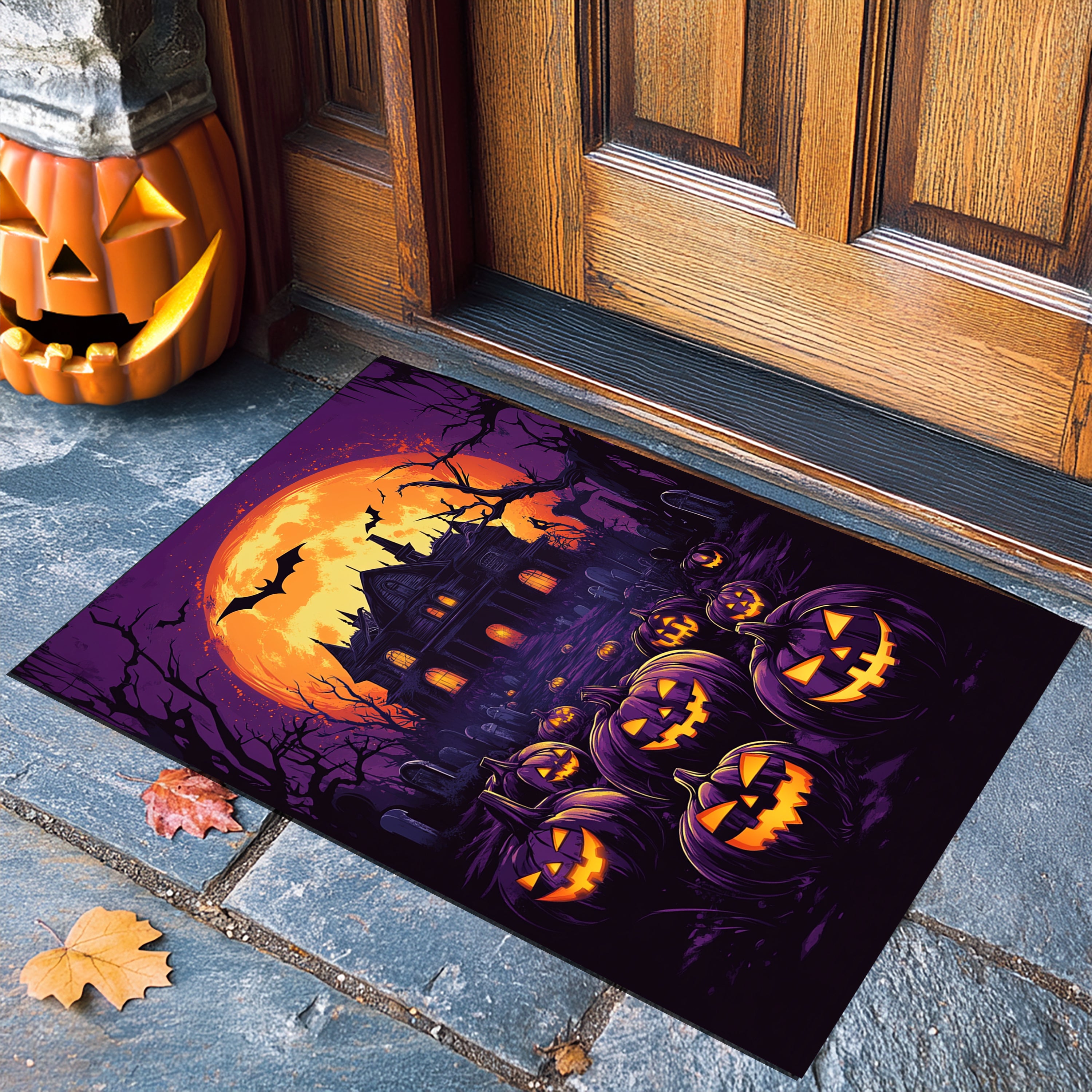 Haunted House and Pumpkins Halloween Doormat