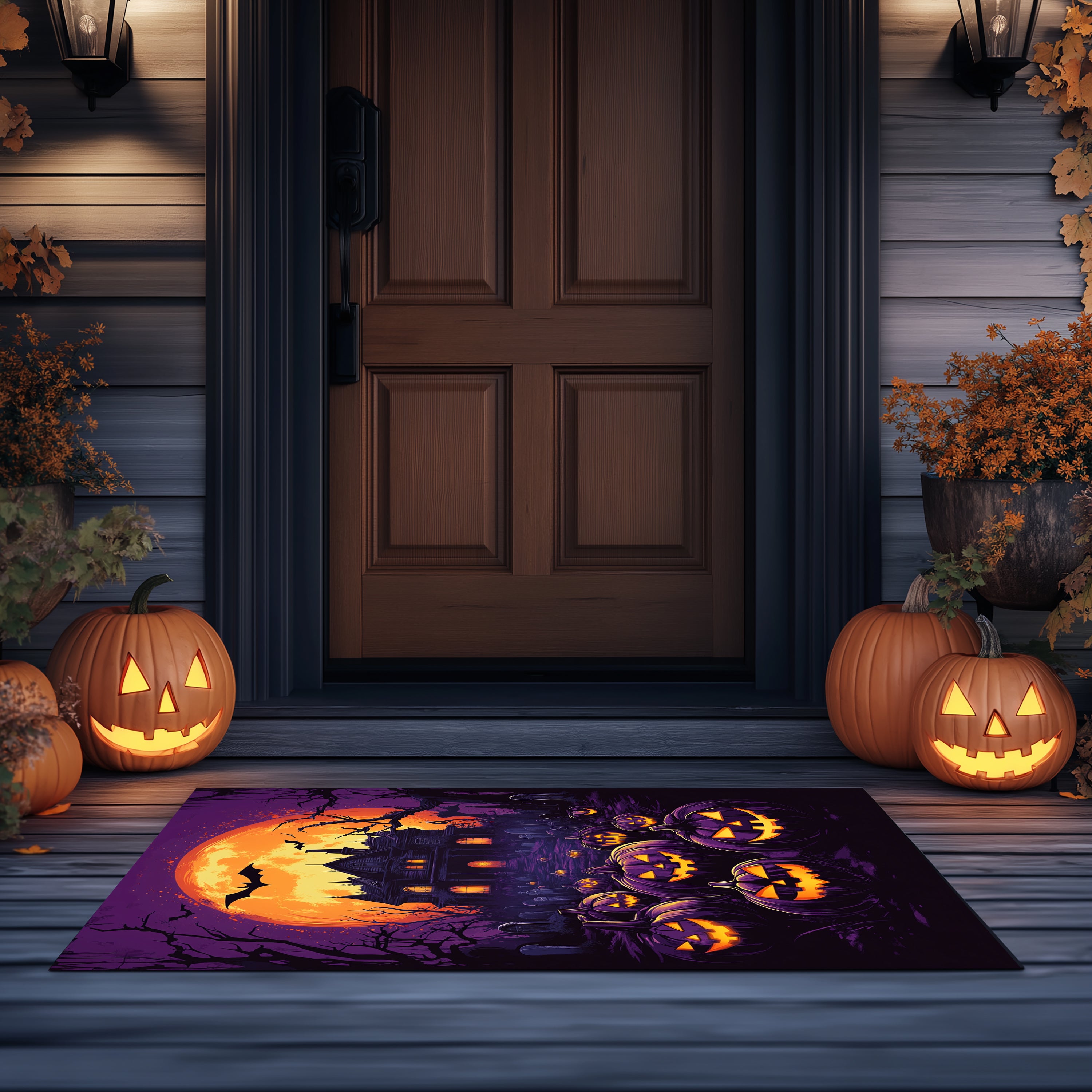 Haunted House and Pumpkins Halloween Doormat