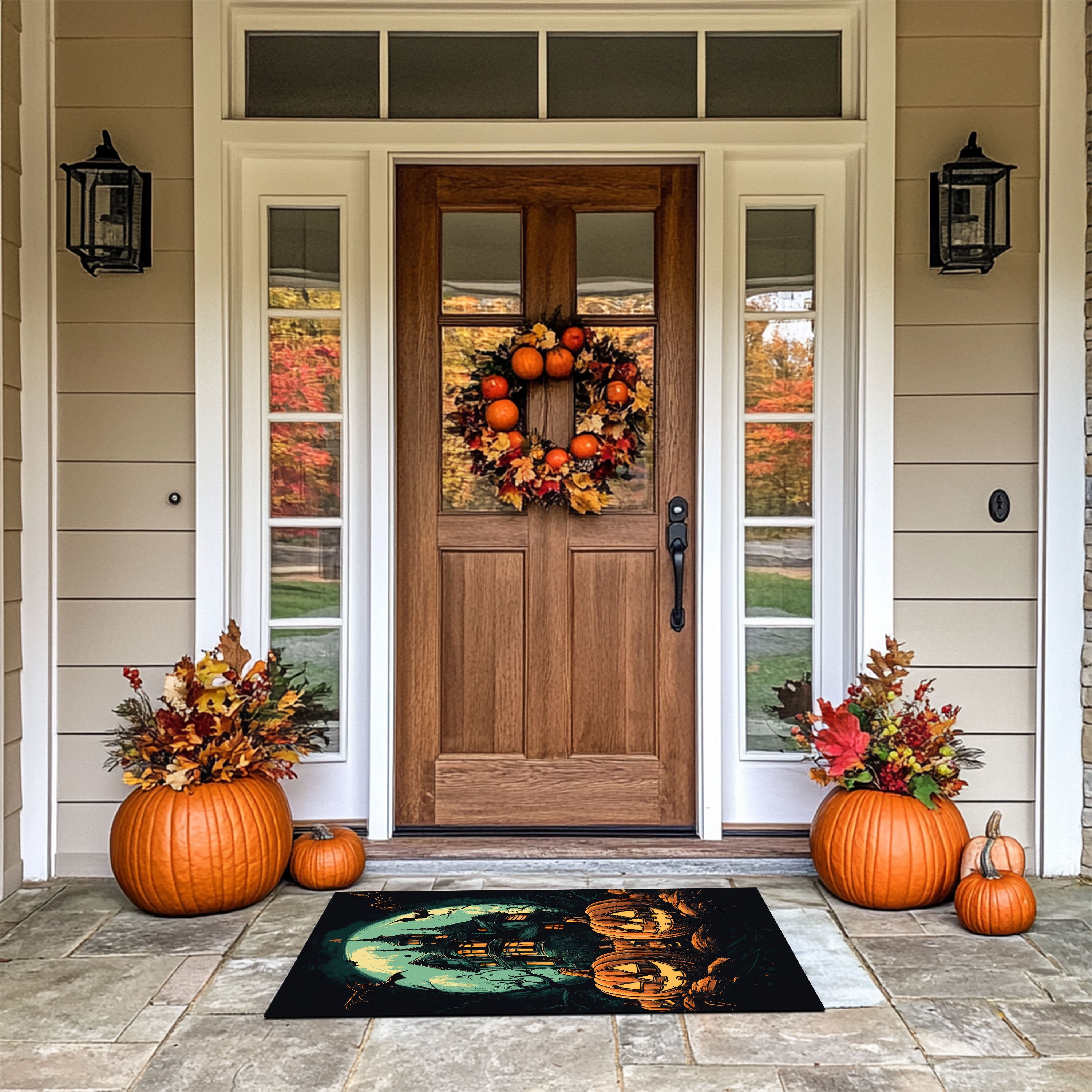 Creepy Haunted House and Pumpkin Doormat