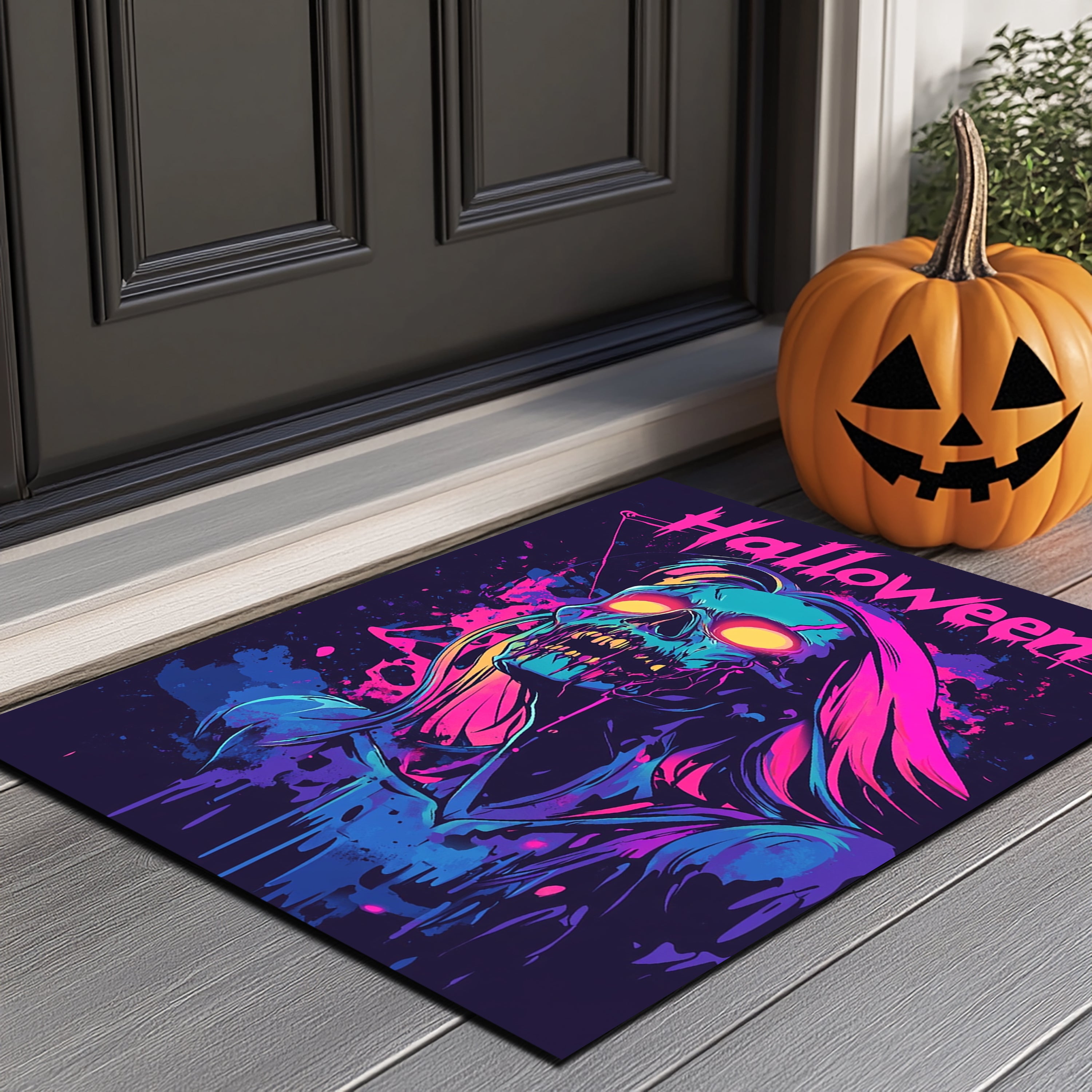 Neon Skull Halloween Doormat