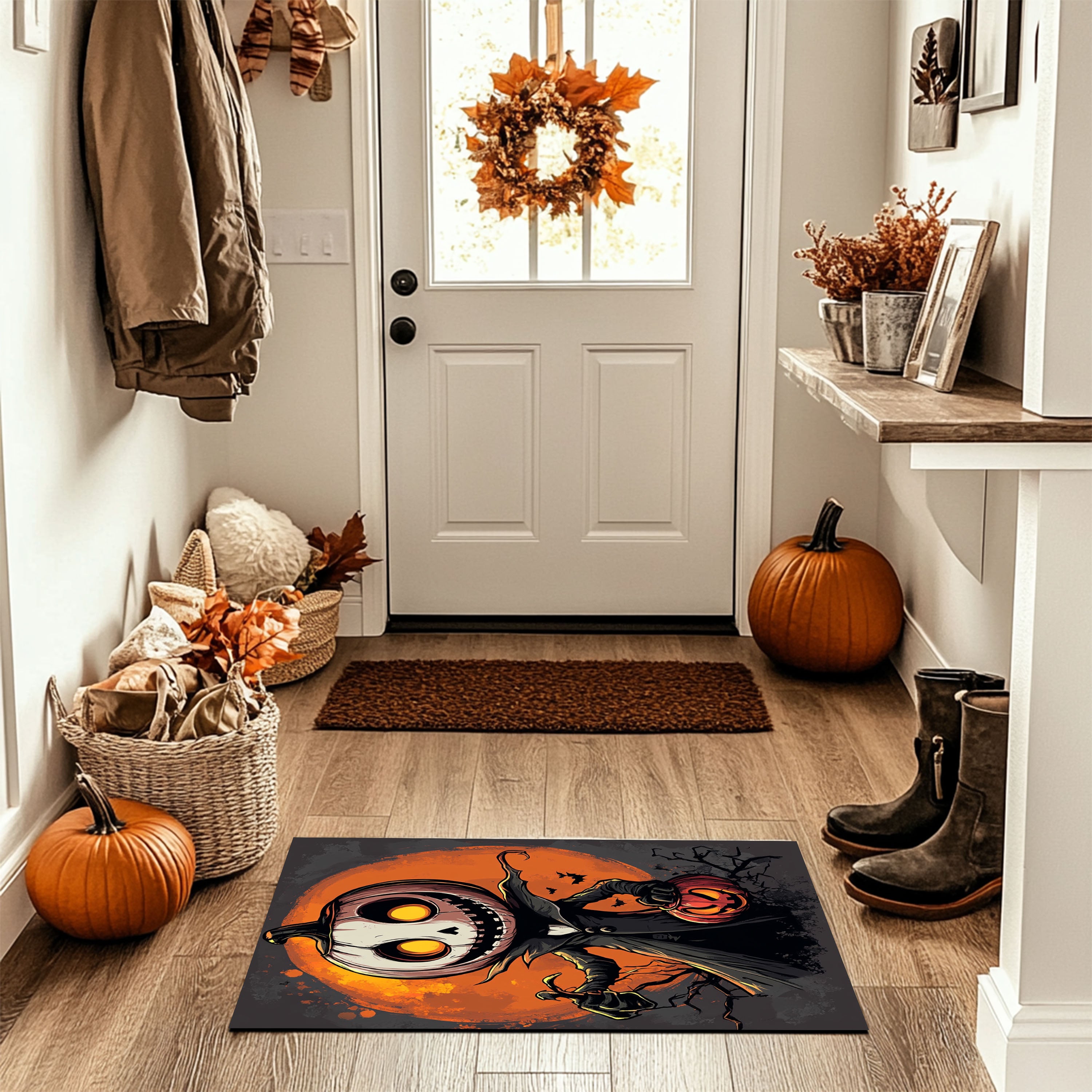 Grinning Pumpkin Reaper Halloween Doormat