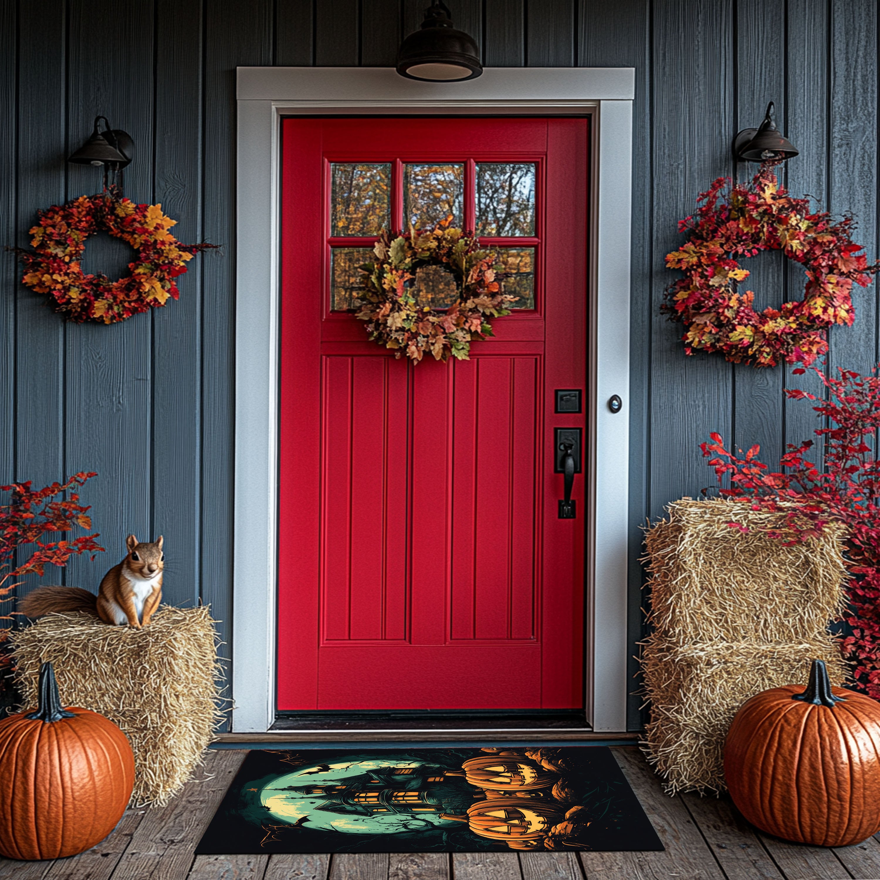 Creepy Haunted House and Pumpkin Doormat