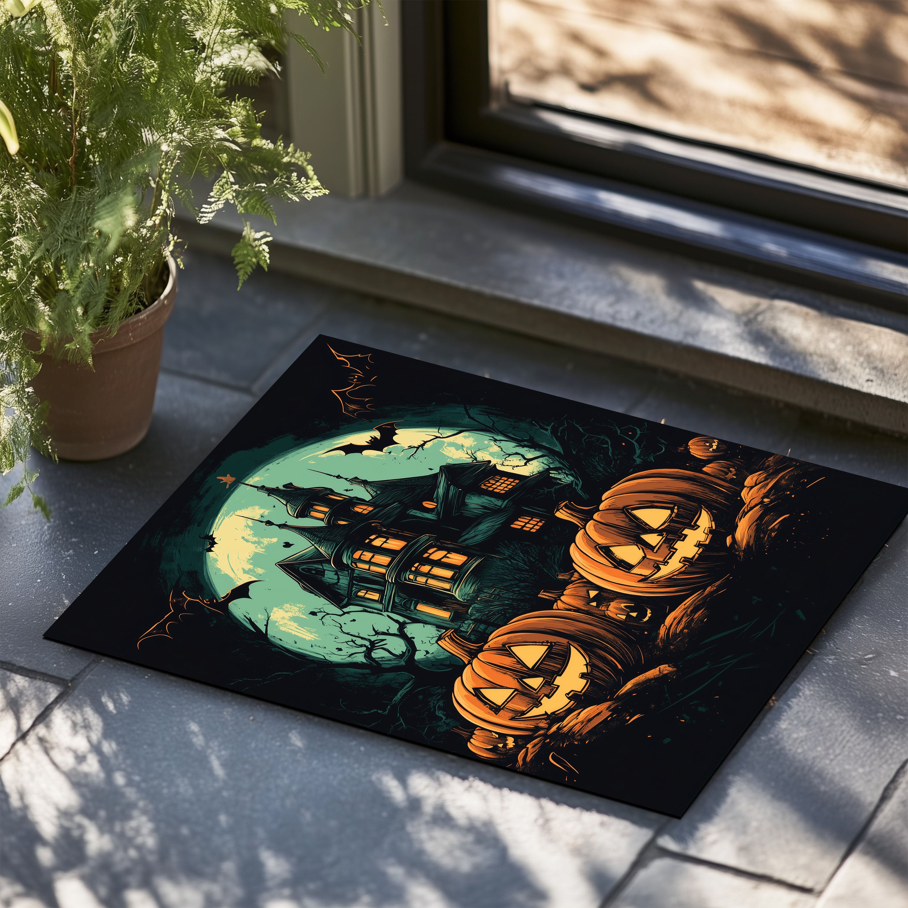 Creepy Haunted House and Pumpkin Doormat