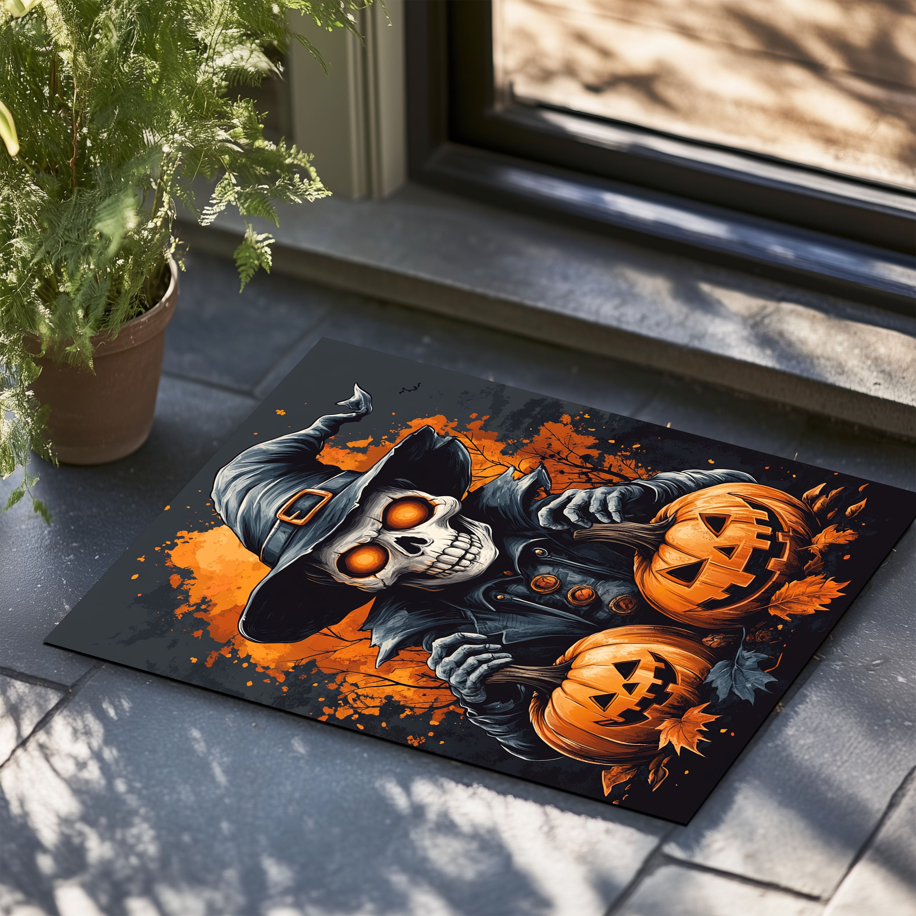 Creepy Skeleton Witch and Jack-O'-Lanterns Welcome Doormat