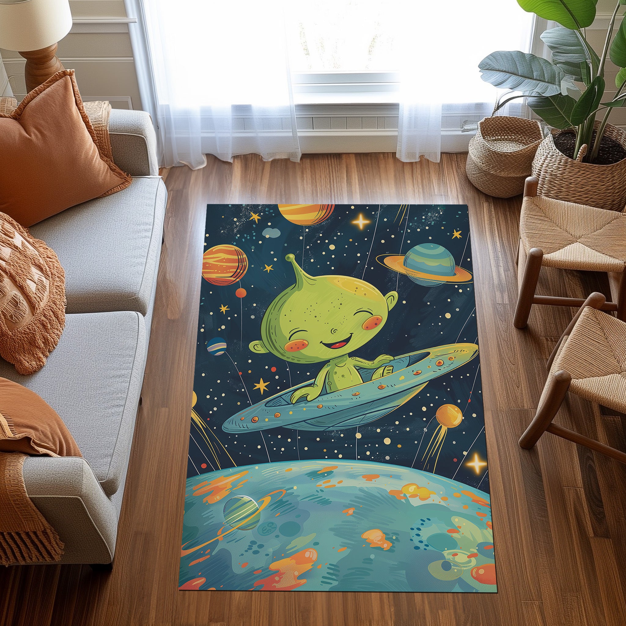 Cute Ailen For Kid'S Room Non-Slip Rug