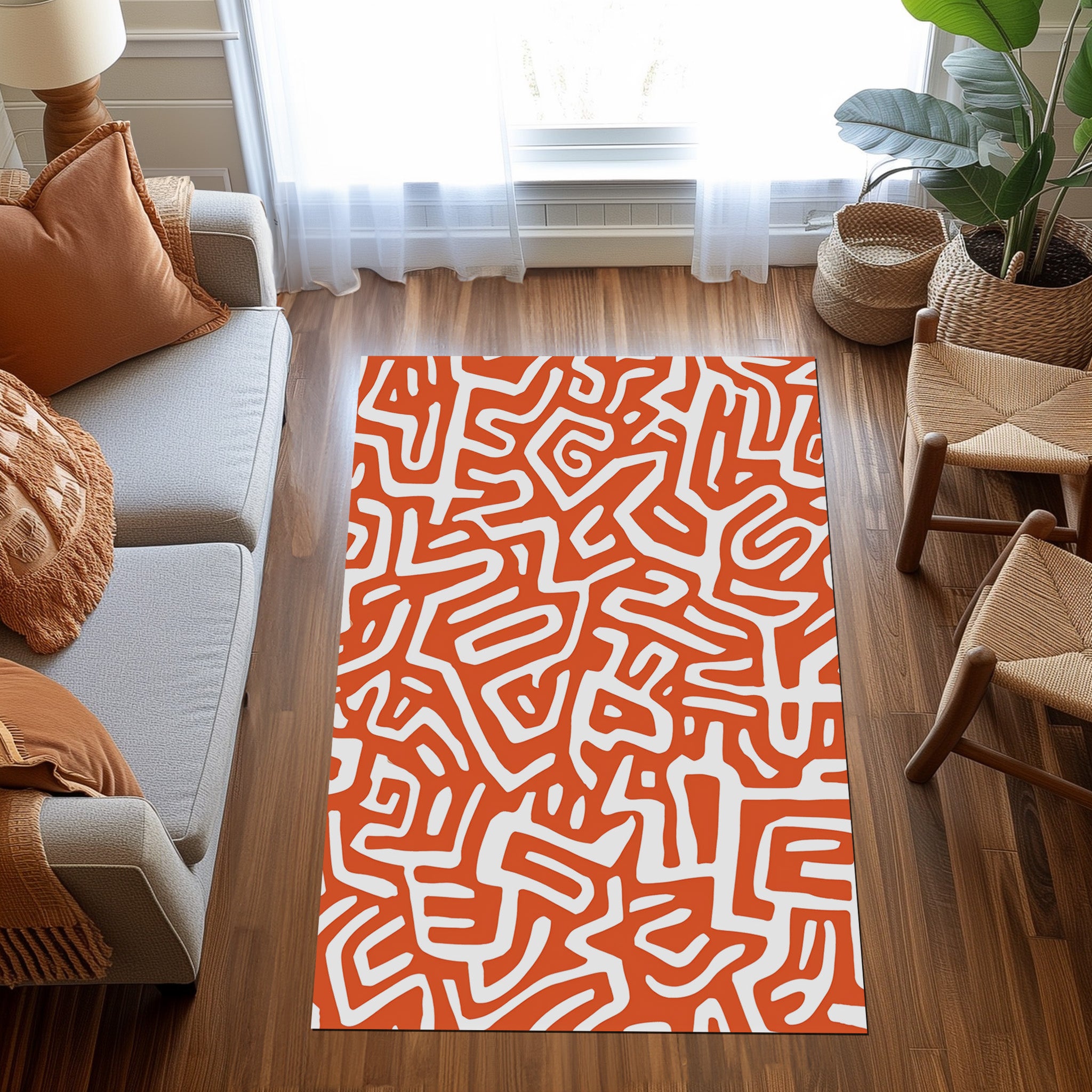 White And Orange Abstract Non-Slip Rug