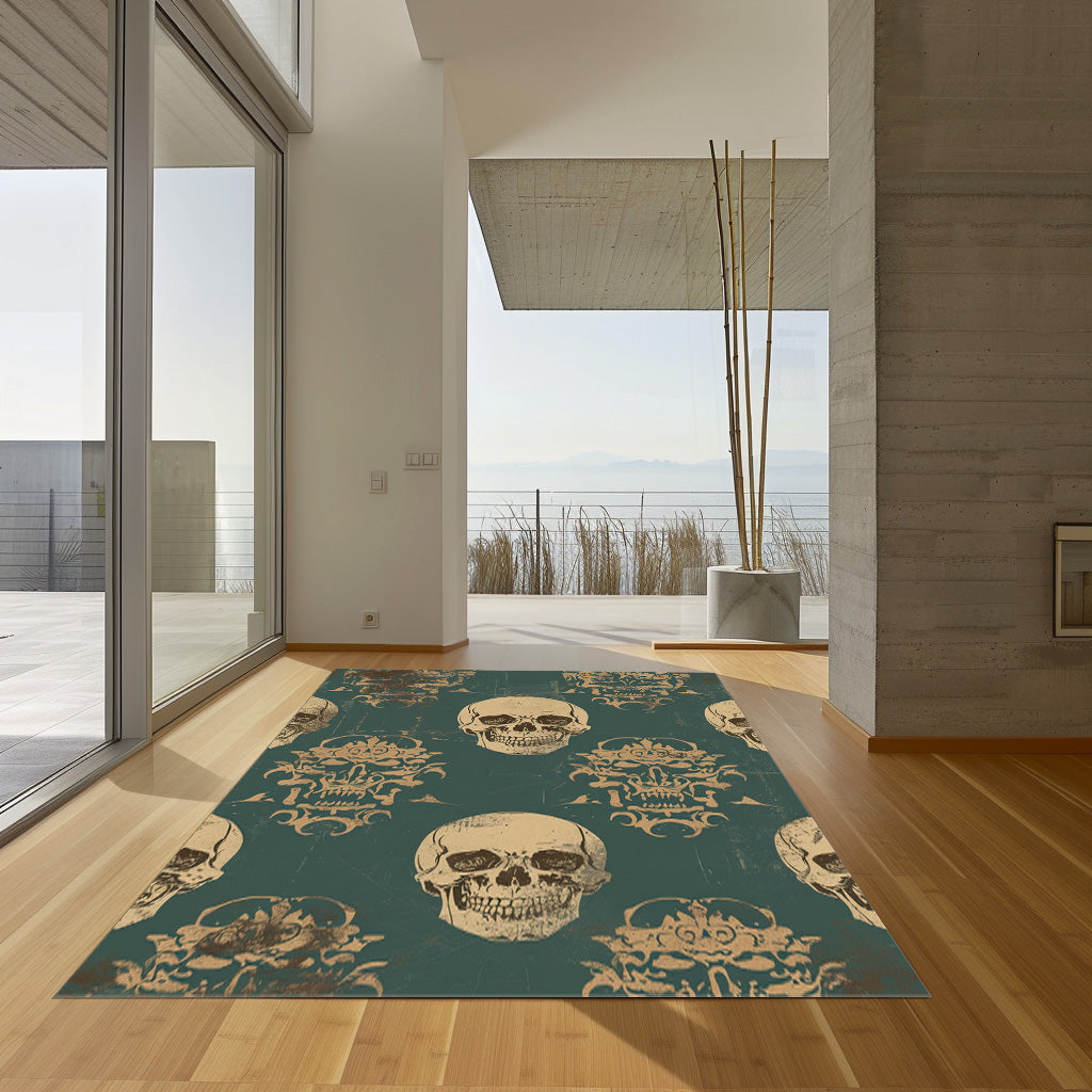 Gold Skull On Petrol Non-Slip Rug