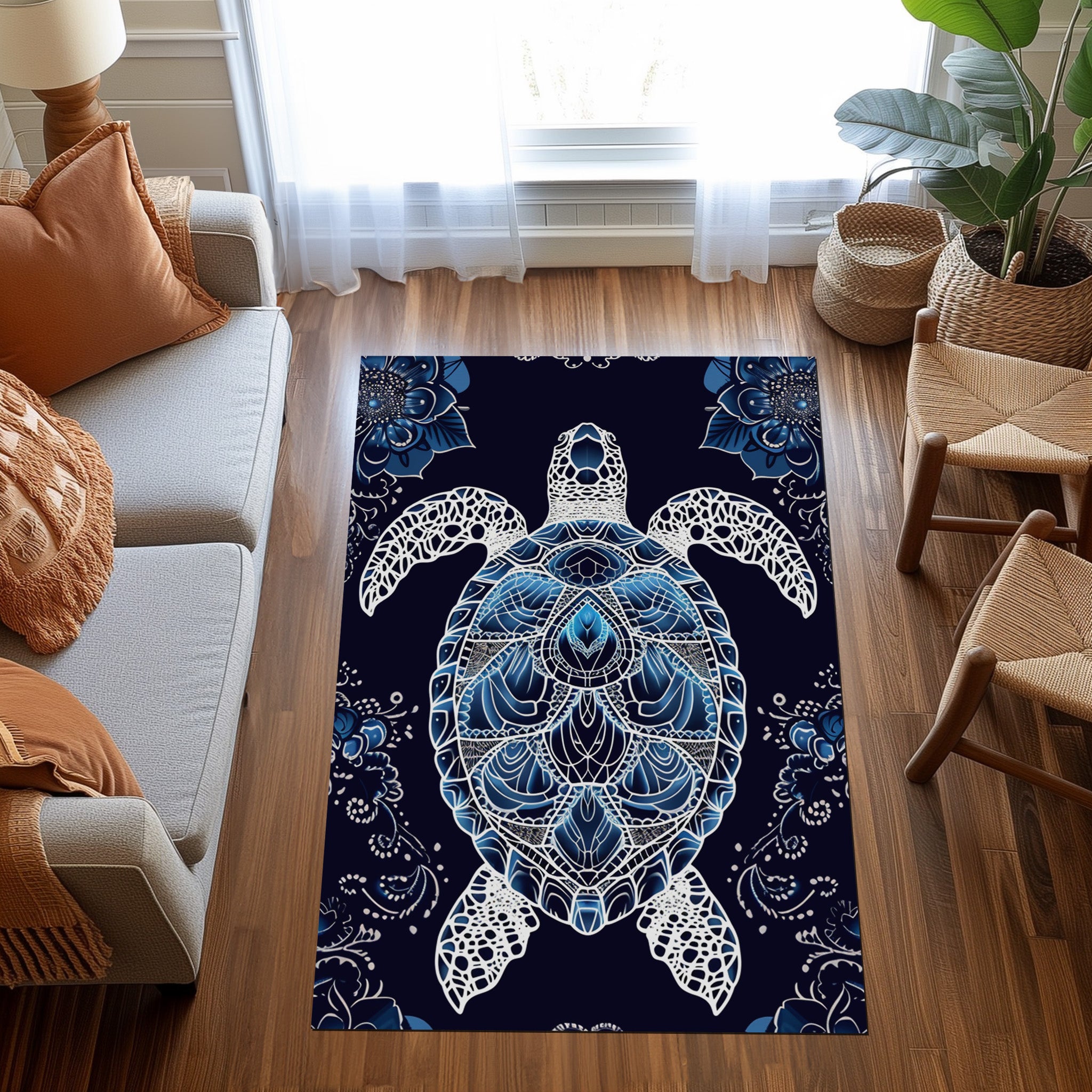 Blue And White Sea Turtle Non-Slip Rug