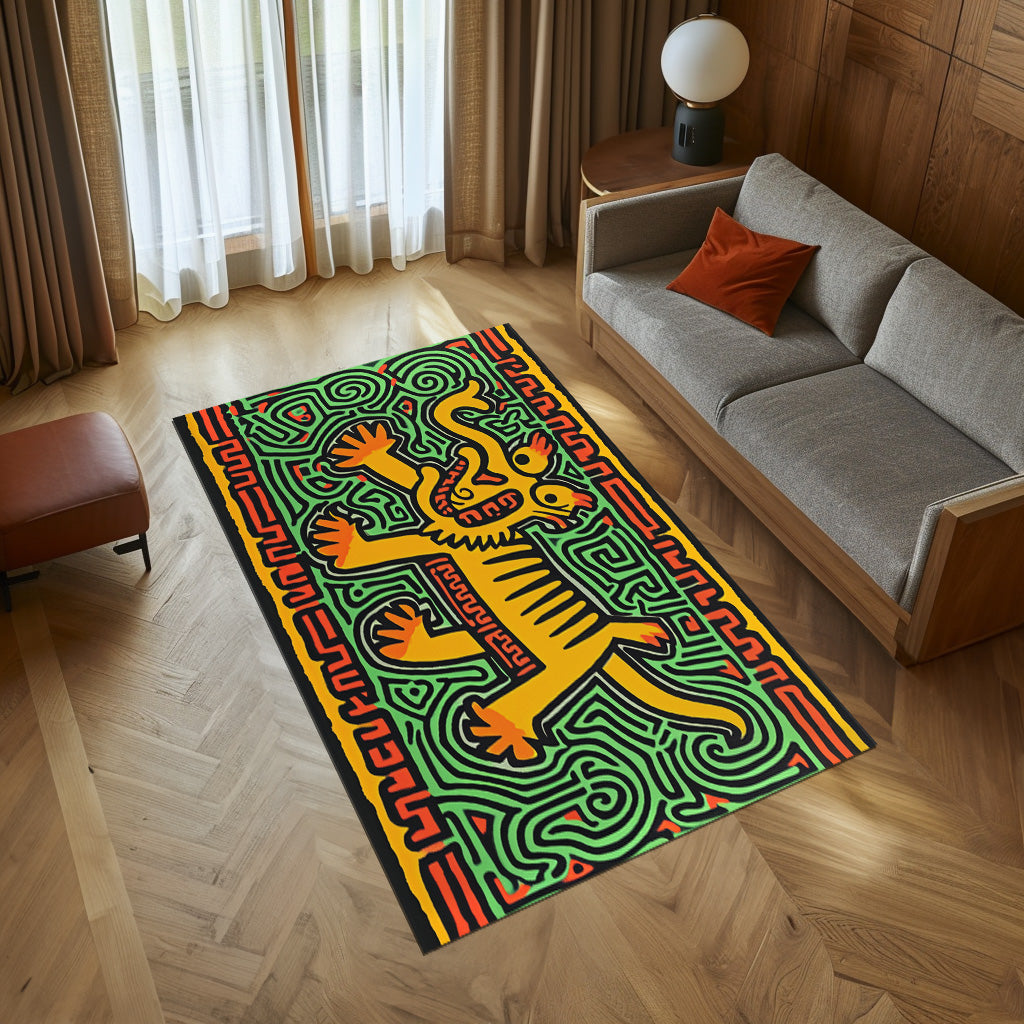 Harings Orange And Yellow Artwork Was Titled Animal P Non-Slip Rug