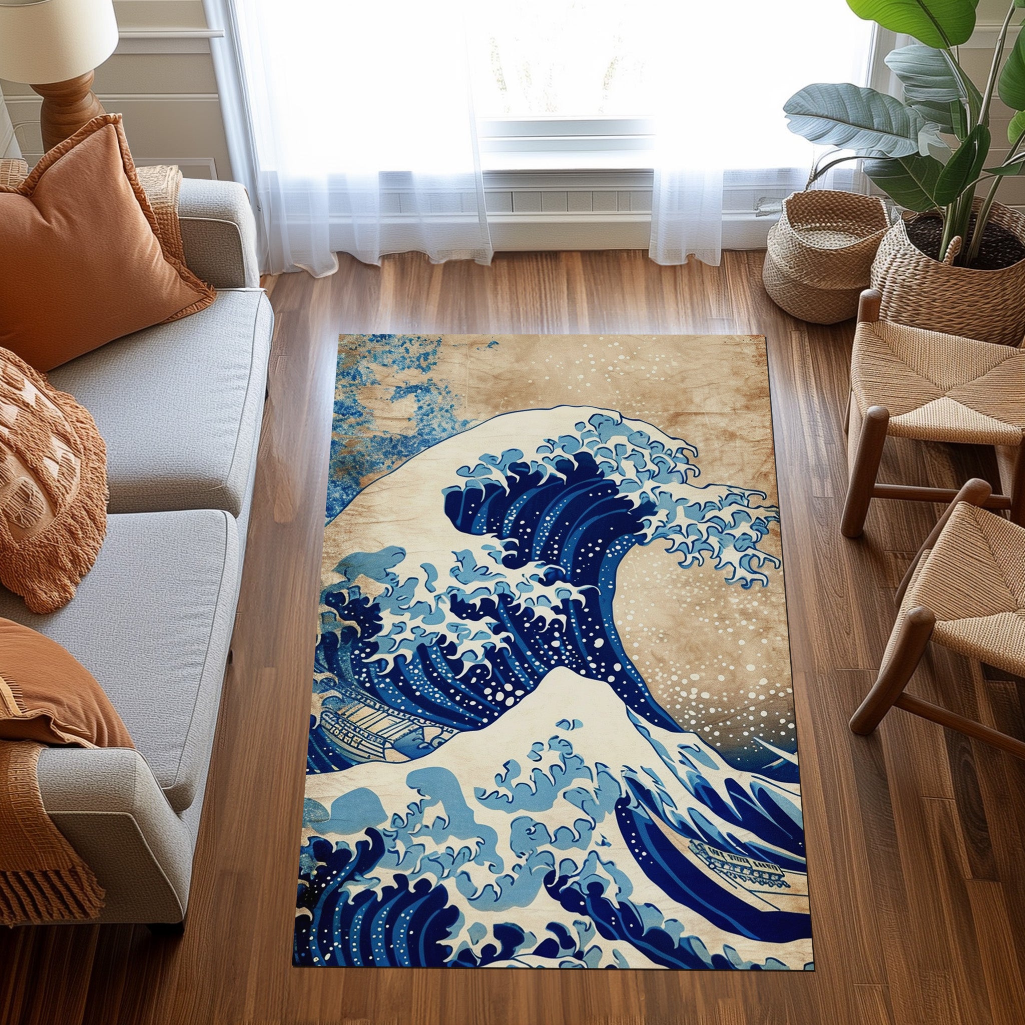 Hokusai Style Colorful Clean Art Non-Slip Rug