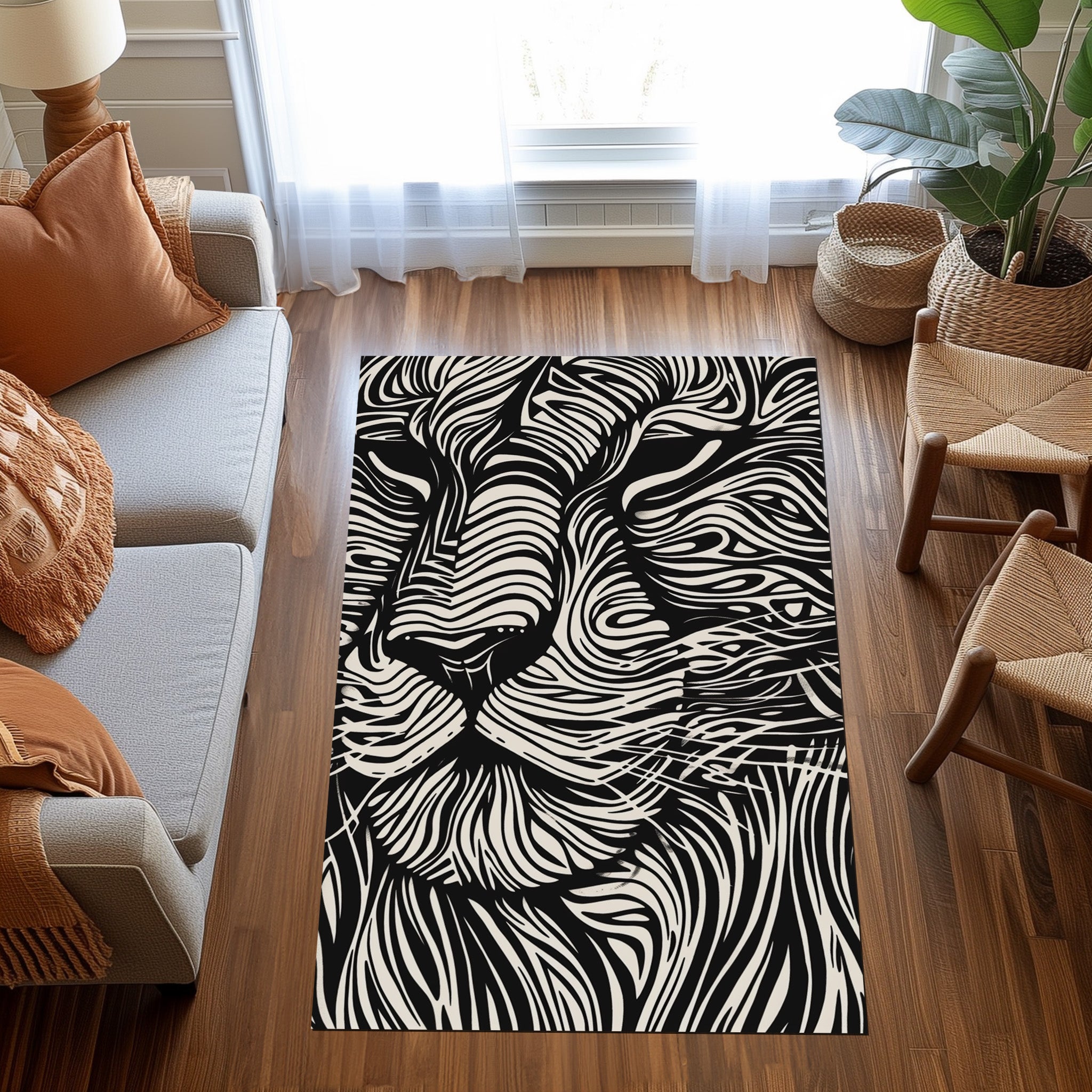 Black And White Lion Non-Slip Rug