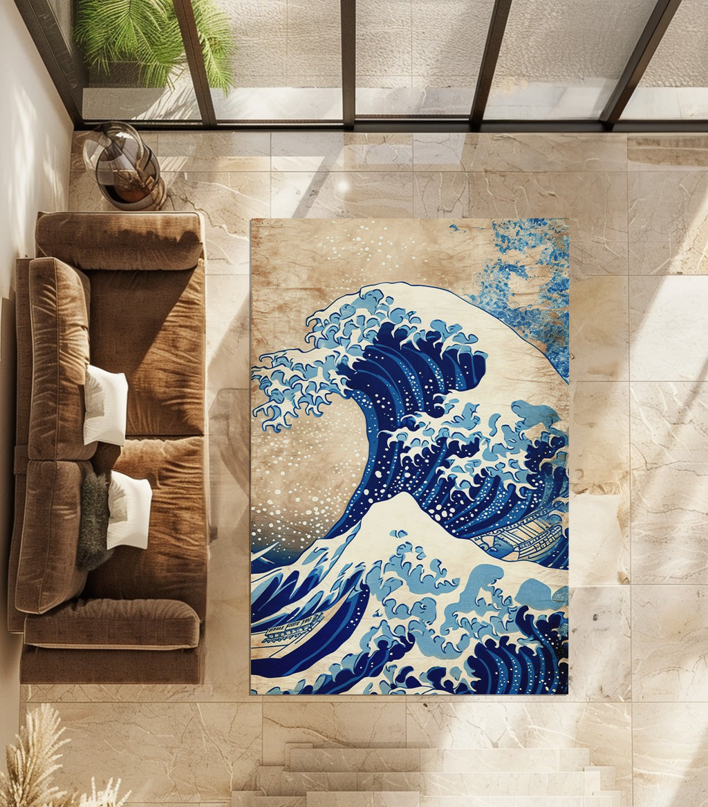 Hokusai Style Colorful Clean Art Non-Slip Rug