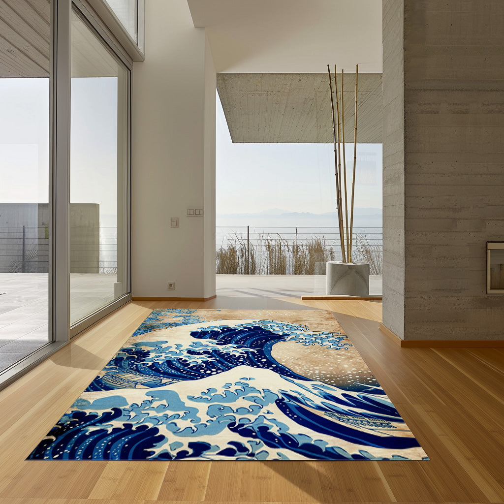 Hokusai Style Colorful Clean Art Non-Slip Rug