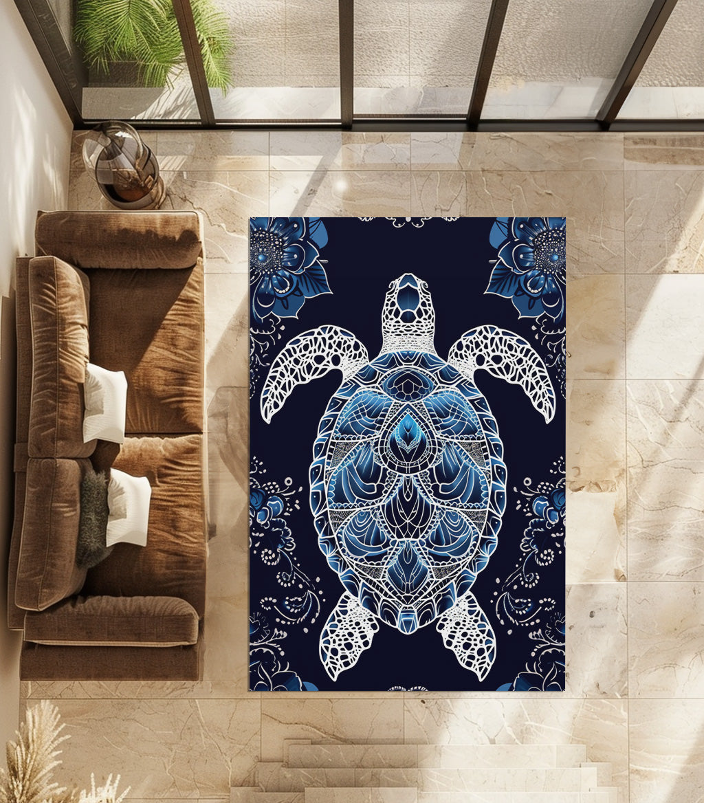 Blue And White Sea Turtle Non-Slip Rug