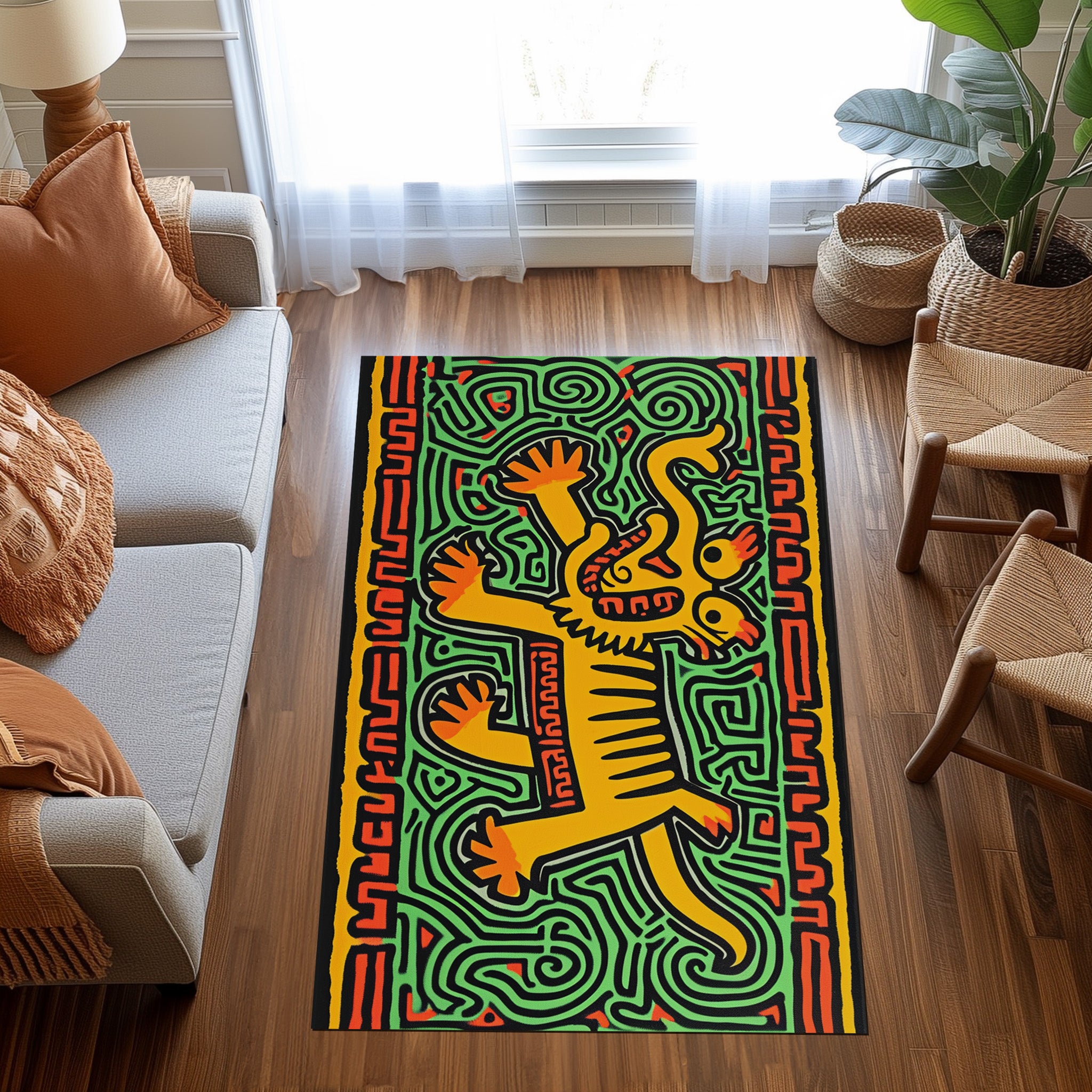 Harings Orange And Yellow Artwork Was Titled Animal P Non-Slip Rug