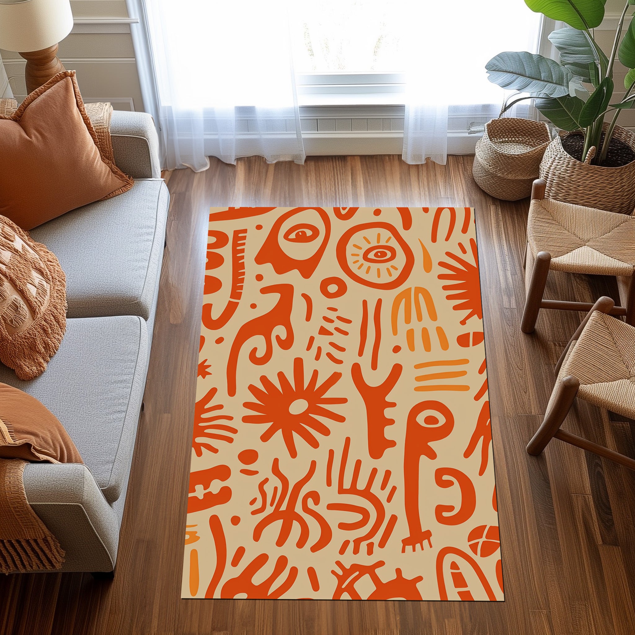 An Orange And Beige Pattern With Abstract Shapes Non-Slip Rug