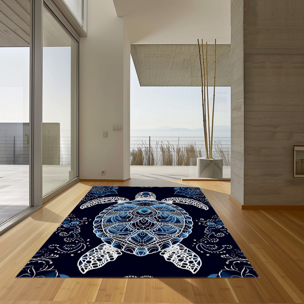 Blue And White Sea Turtle Non-Slip Rug