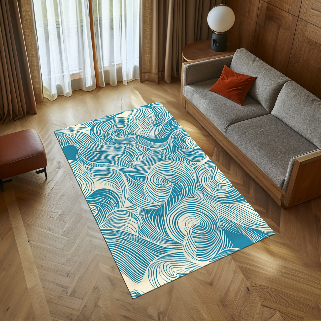 Blue And White Waves Non-Slip Rug