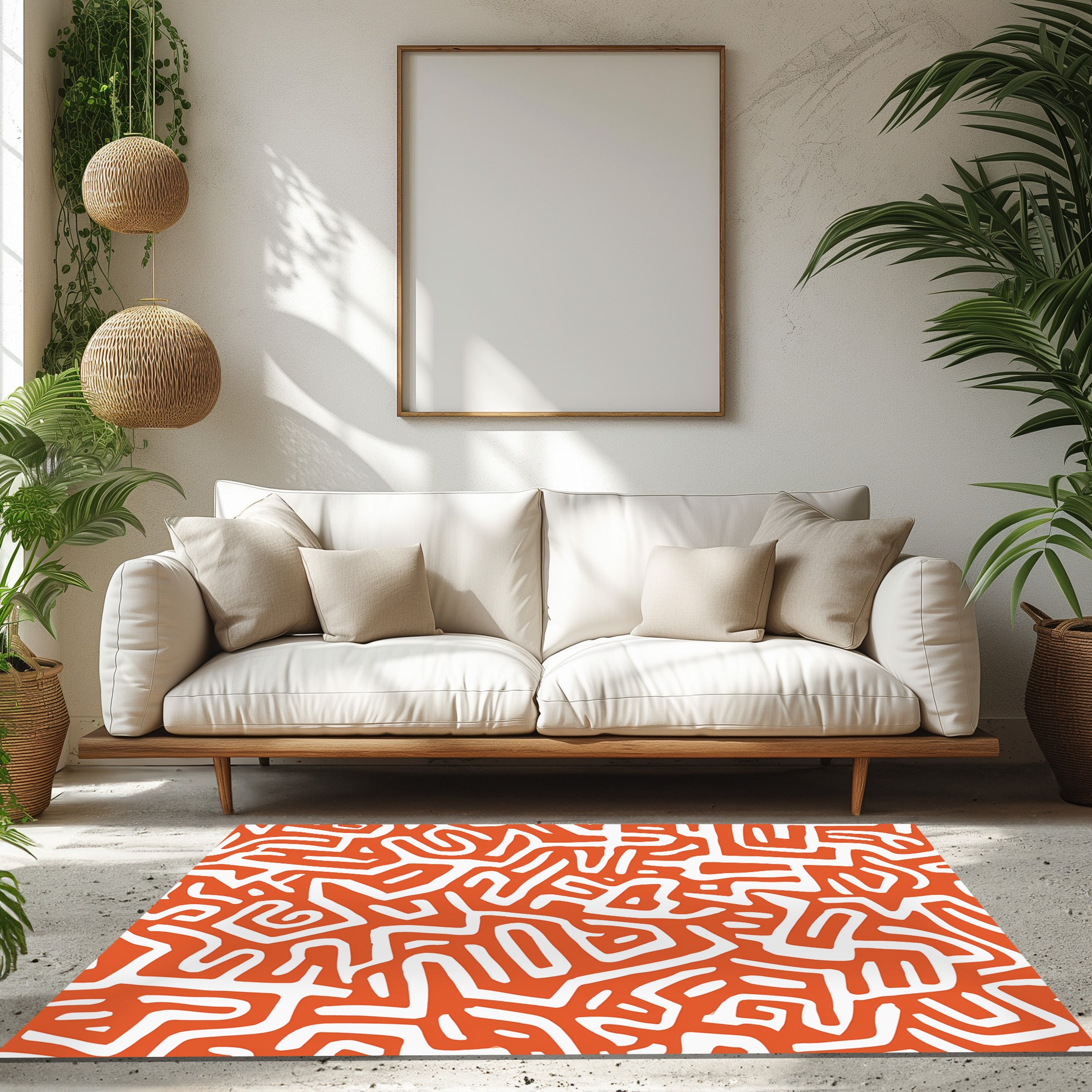 White And Orange Abstract Non-Slip Rug