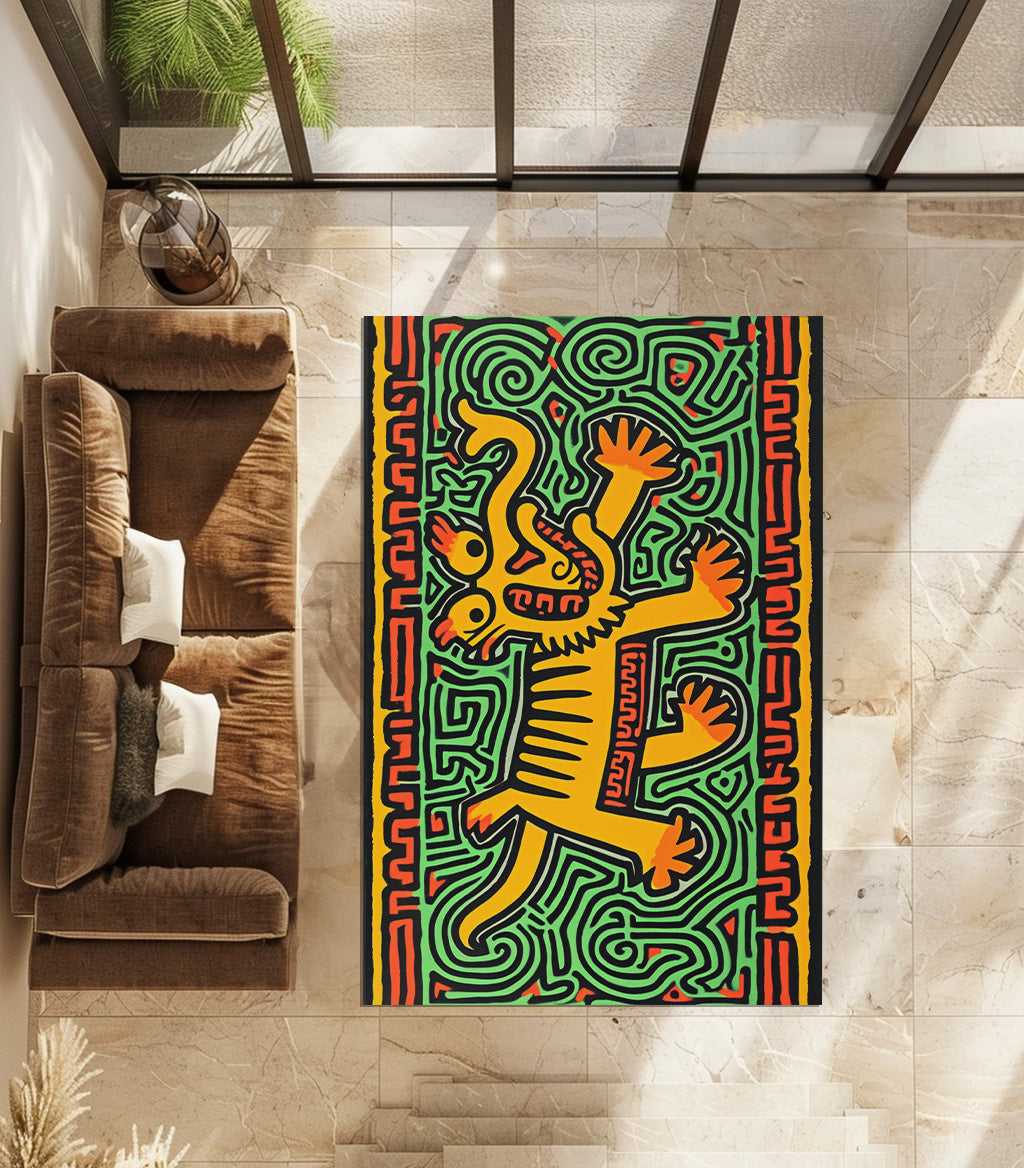 Harings Orange And Yellow Artwork Was Titled Animal P Non-Slip Rug