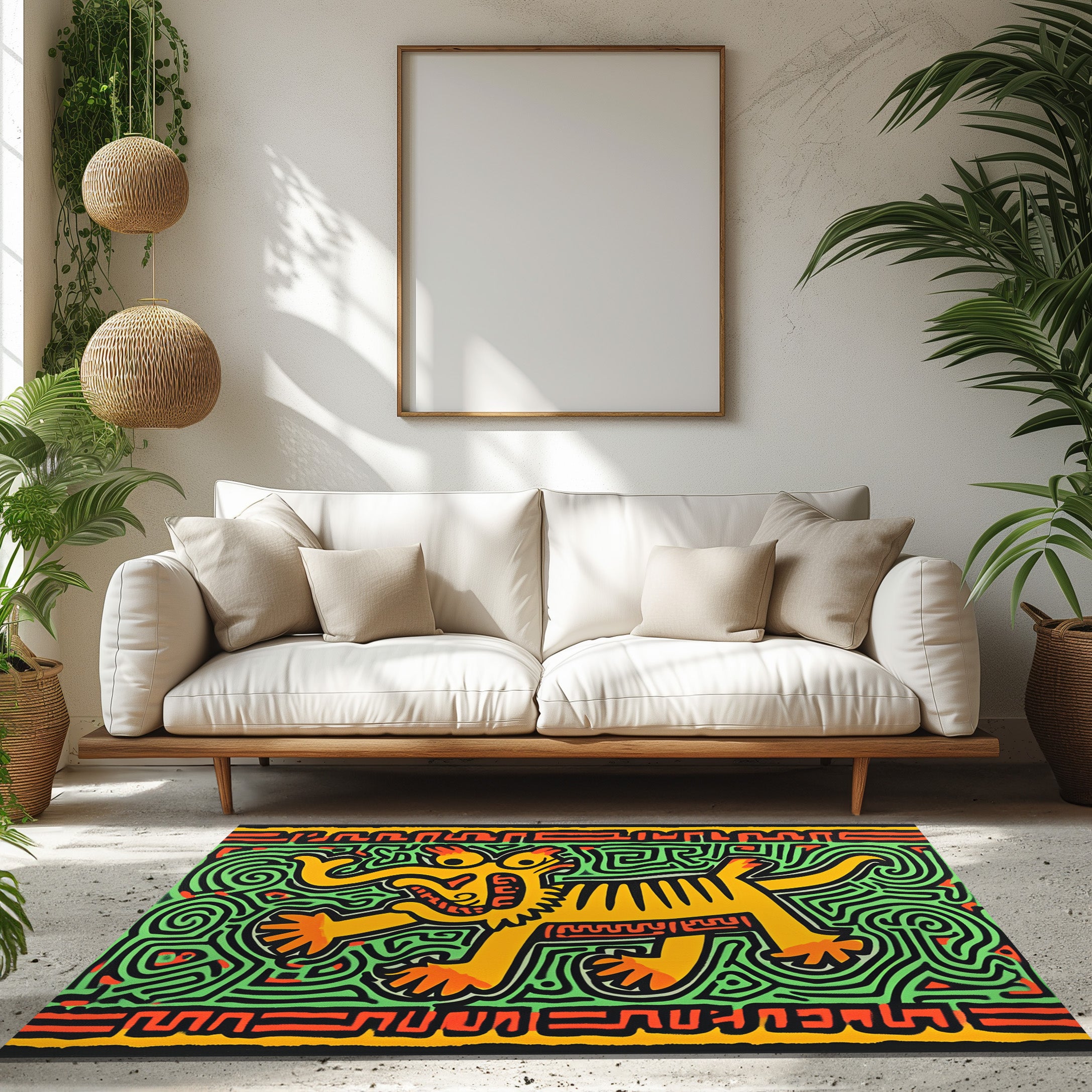 Harings Orange And Yellow Artwork Was Titled Animal P Non-Slip Rug