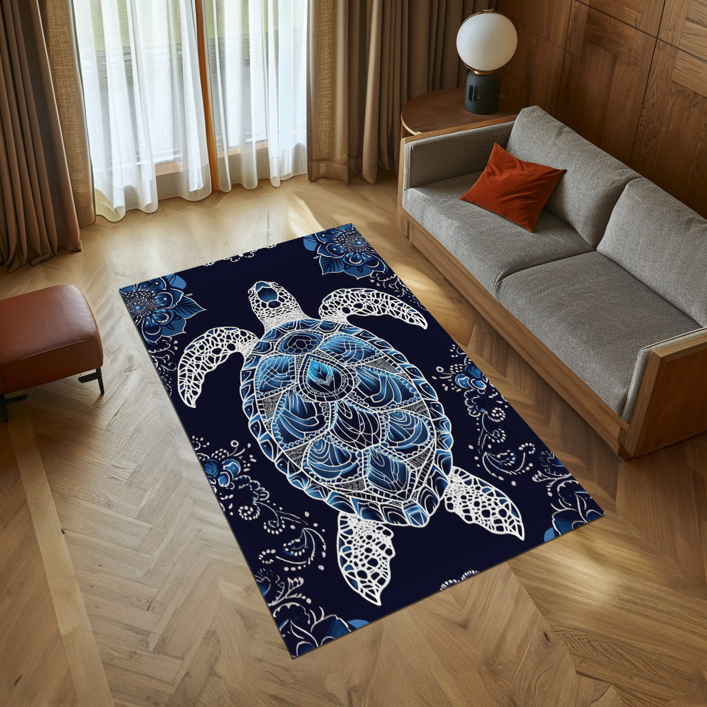 Blue And White Sea Turtle Non-Slip Rug