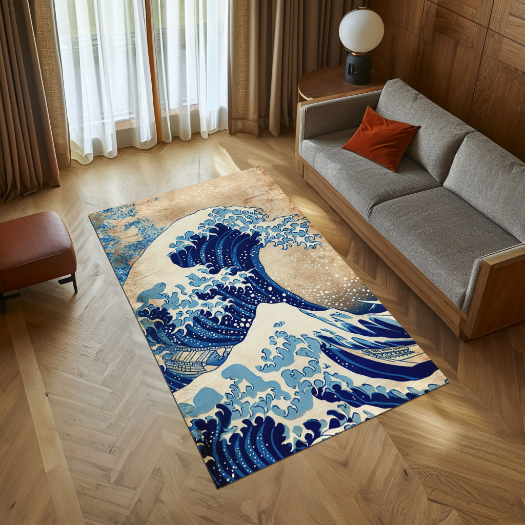 Hokusai Style Colorful Clean Art Non-Slip Rug