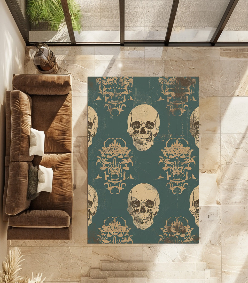 Gold Skull On Petrol Non-Slip Rug