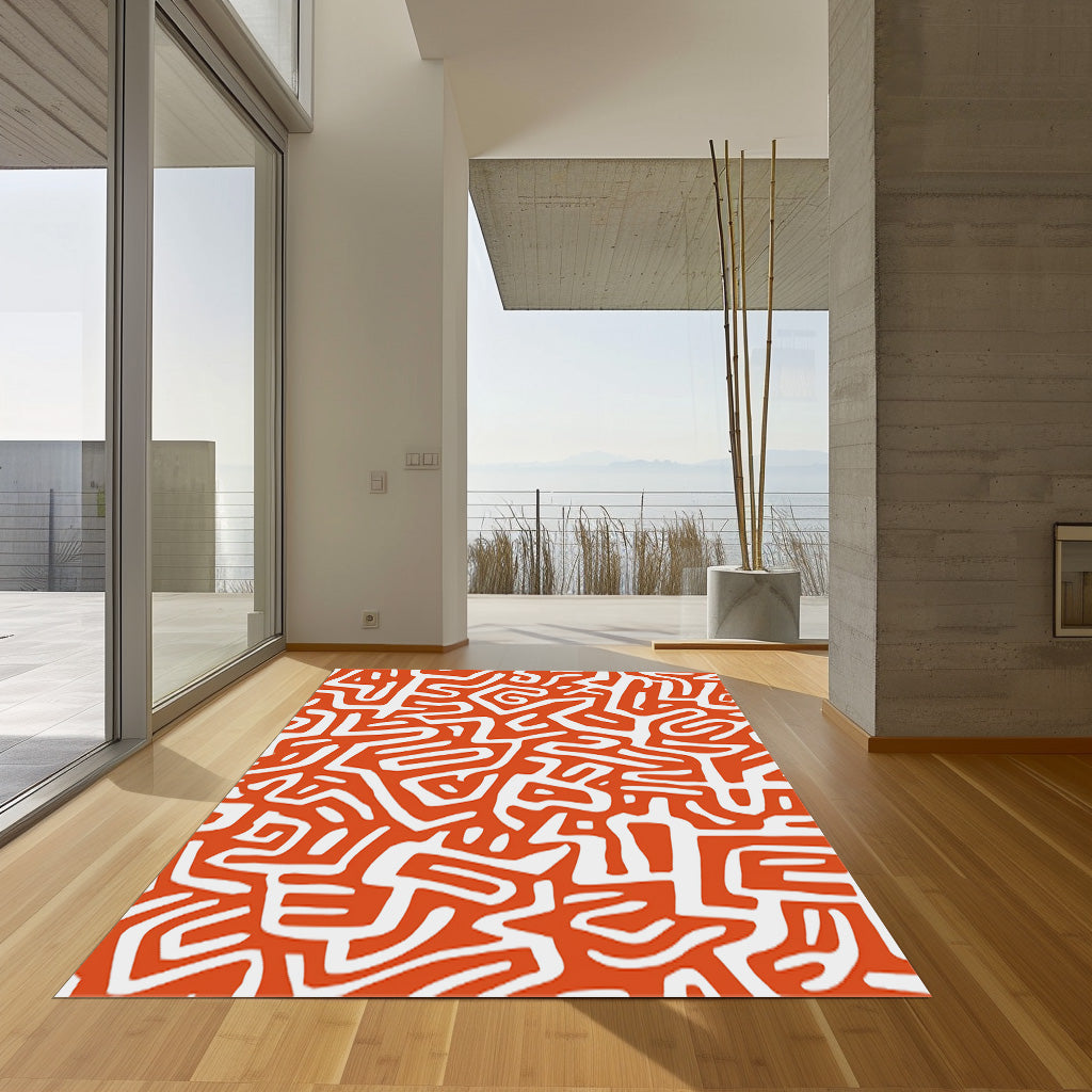 White And Orange Abstract Non-Slip Rug