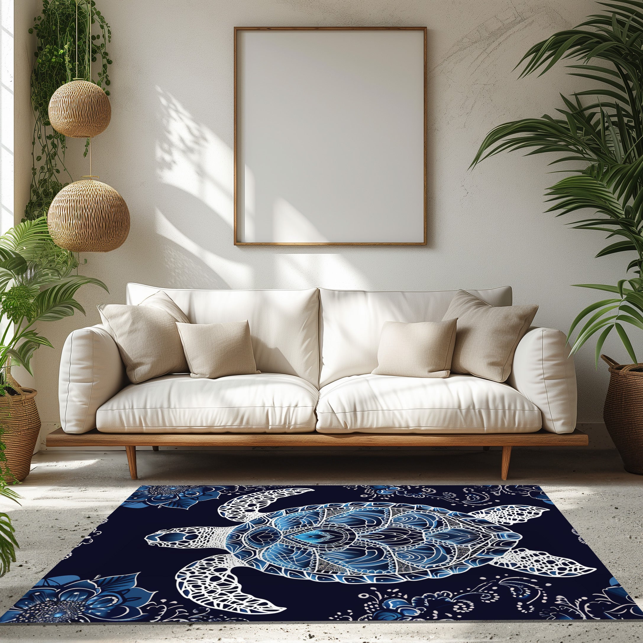 Blue And White Sea Turtle Non-Slip Rug