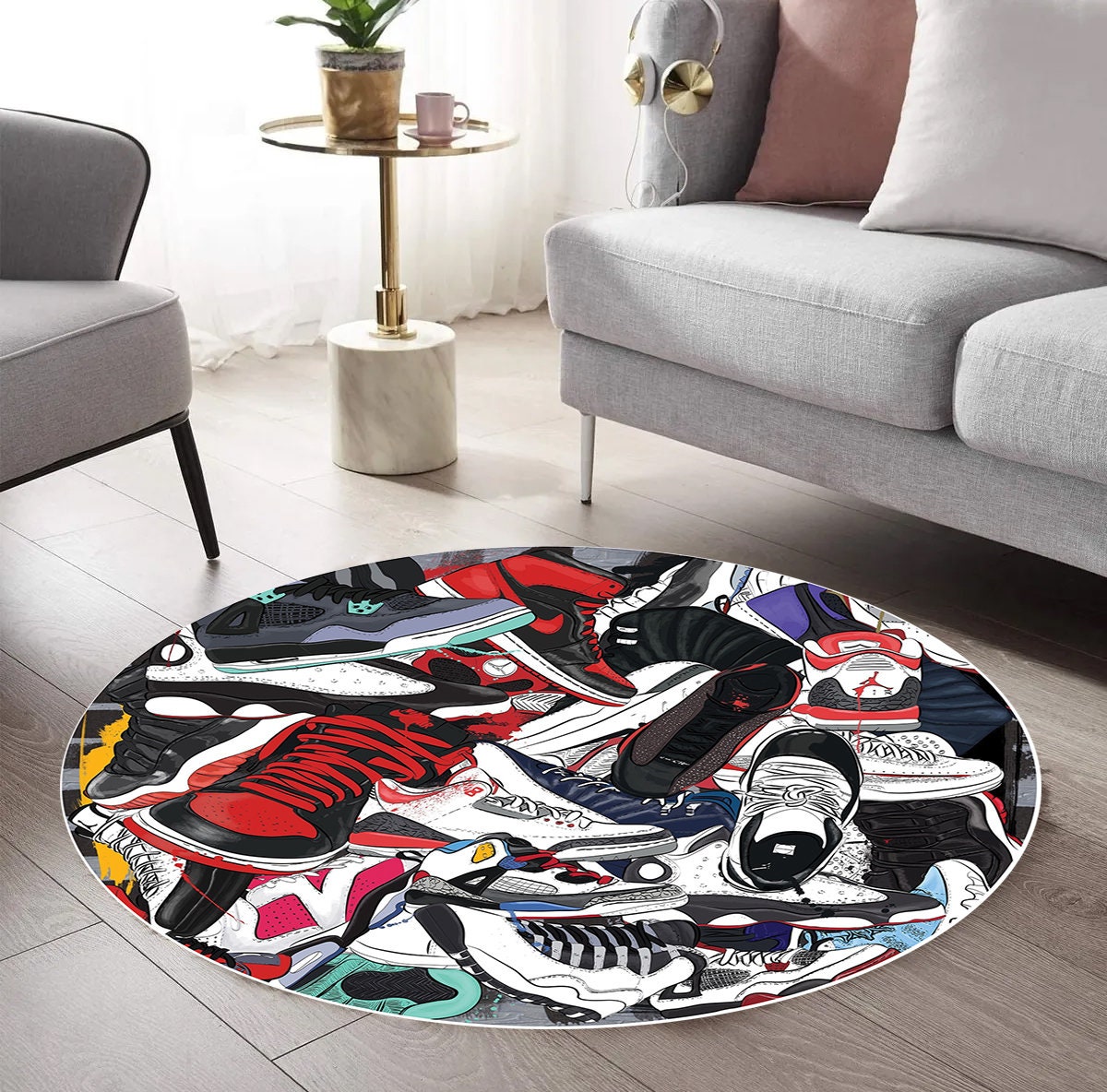 Just Rugging Rounded Rug Cool Sneakers RugNon-Slip Rug Washable Mat Child Stain Resistant Living Room Kitchen Carpet